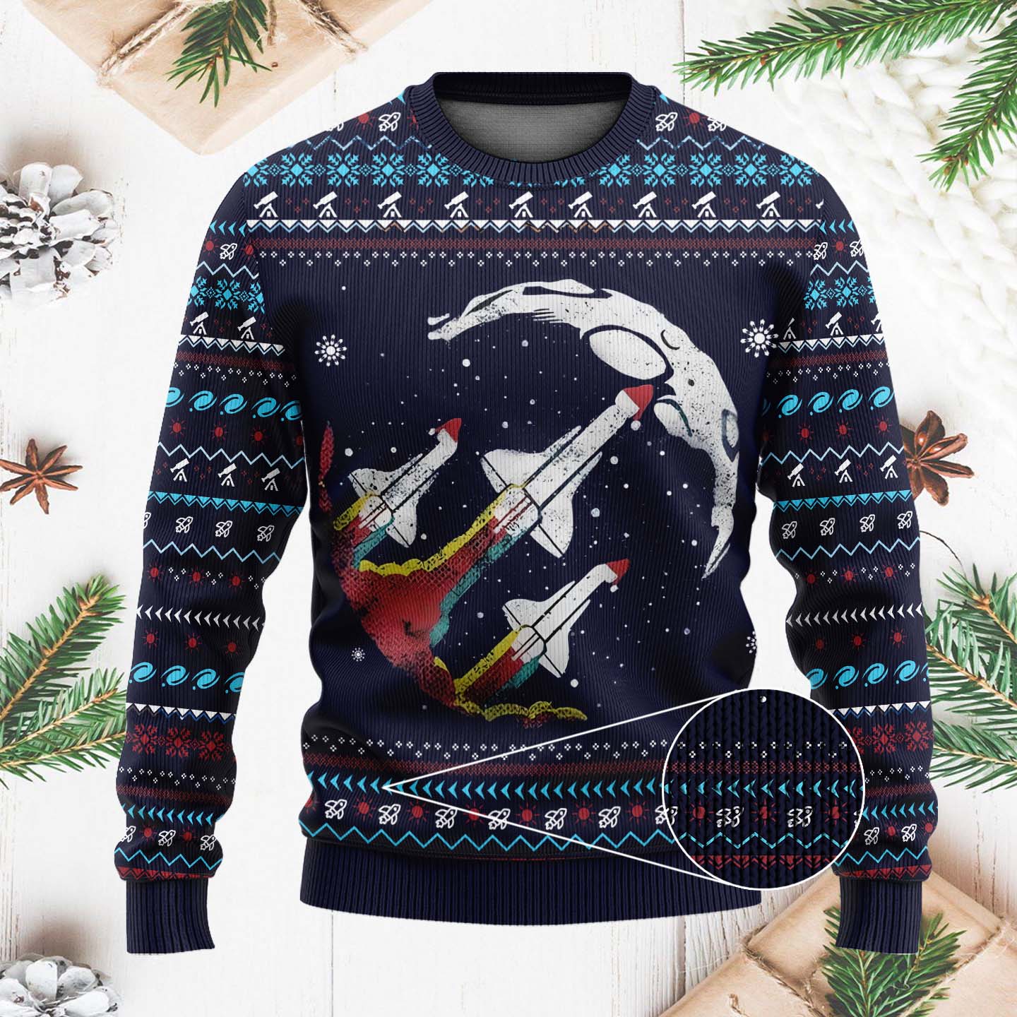 Nasa Retro Rocket Funny Christmas Ugly Sweater, Ugly Christmas Sweater