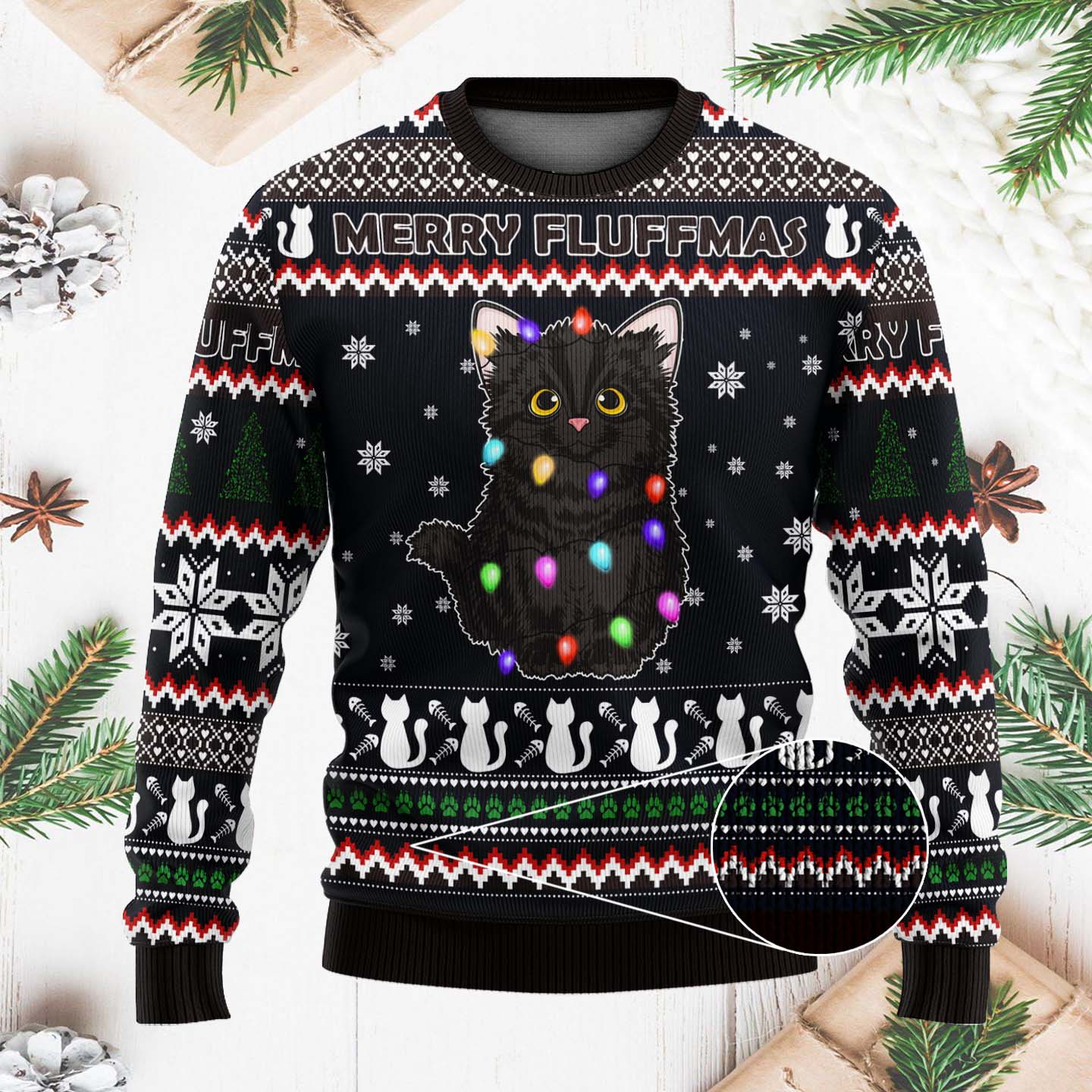 Black Cat Merry Fluffmas Funny Christmas Ugly Sweater, Christmas Gifts