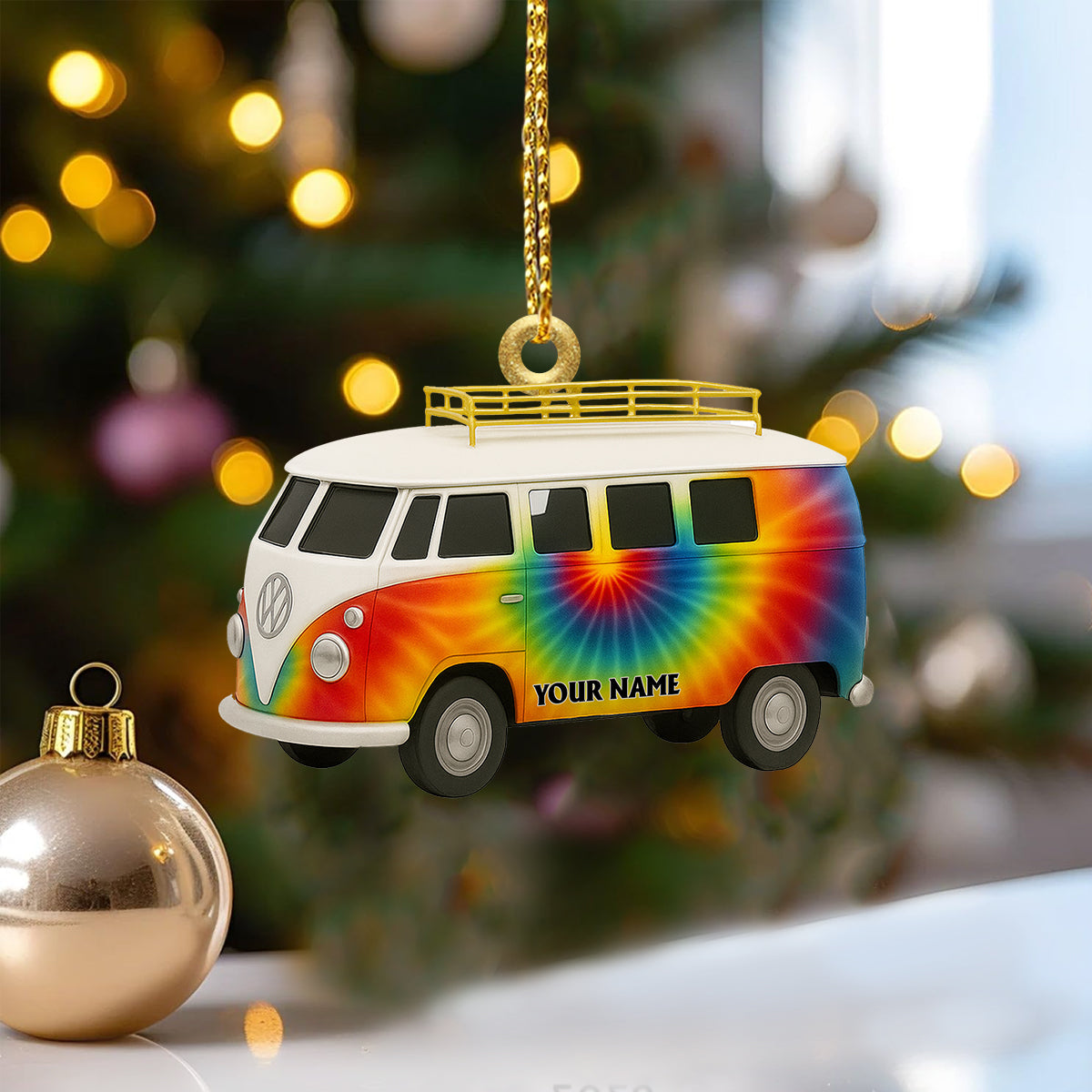 Custom Name Rainbow Tie Dye Mini Bus Deadhead Acrylic Ornament, Rock Ornament, Gift For Rock Lovers