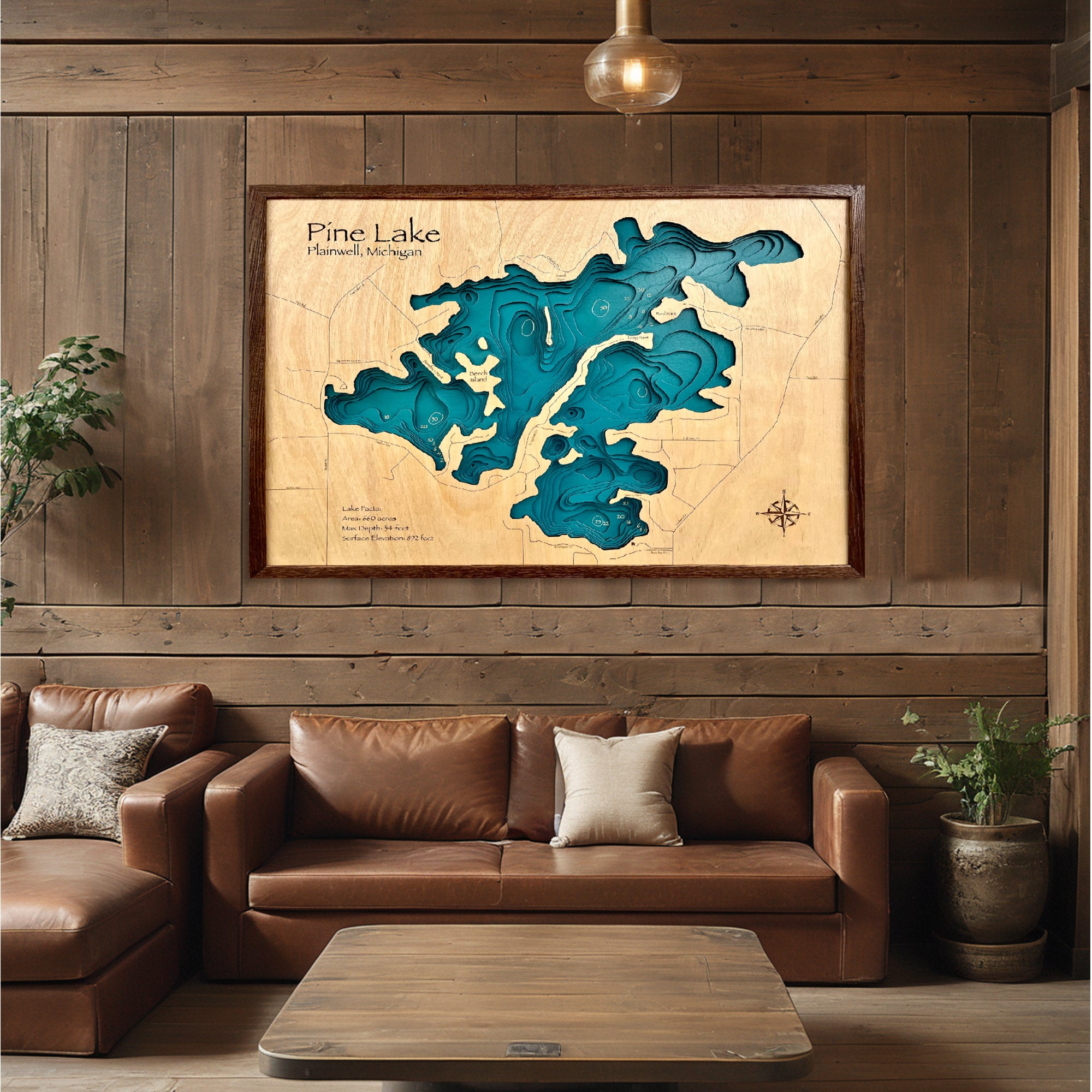 Pine Lake Customize Wood Art, Topographic Lake Map, Lake Wall Art