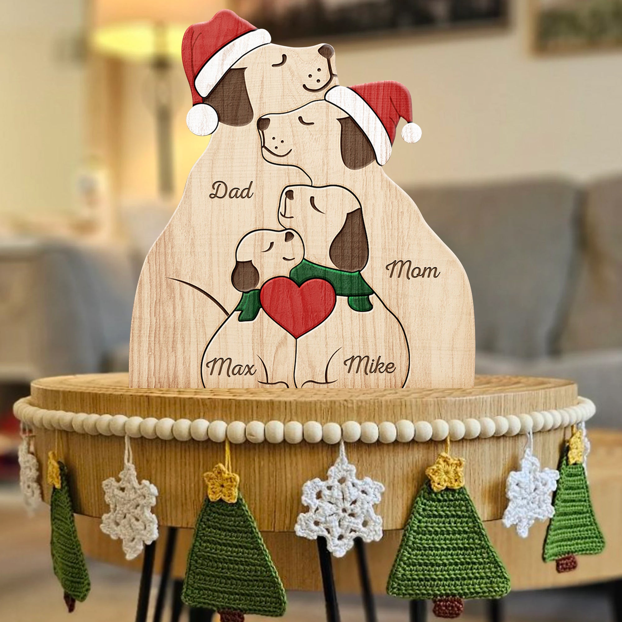 Custom Engraved Wooden Dog Family, Christmas Puzzle, Family Puzzle, Christmas Decor