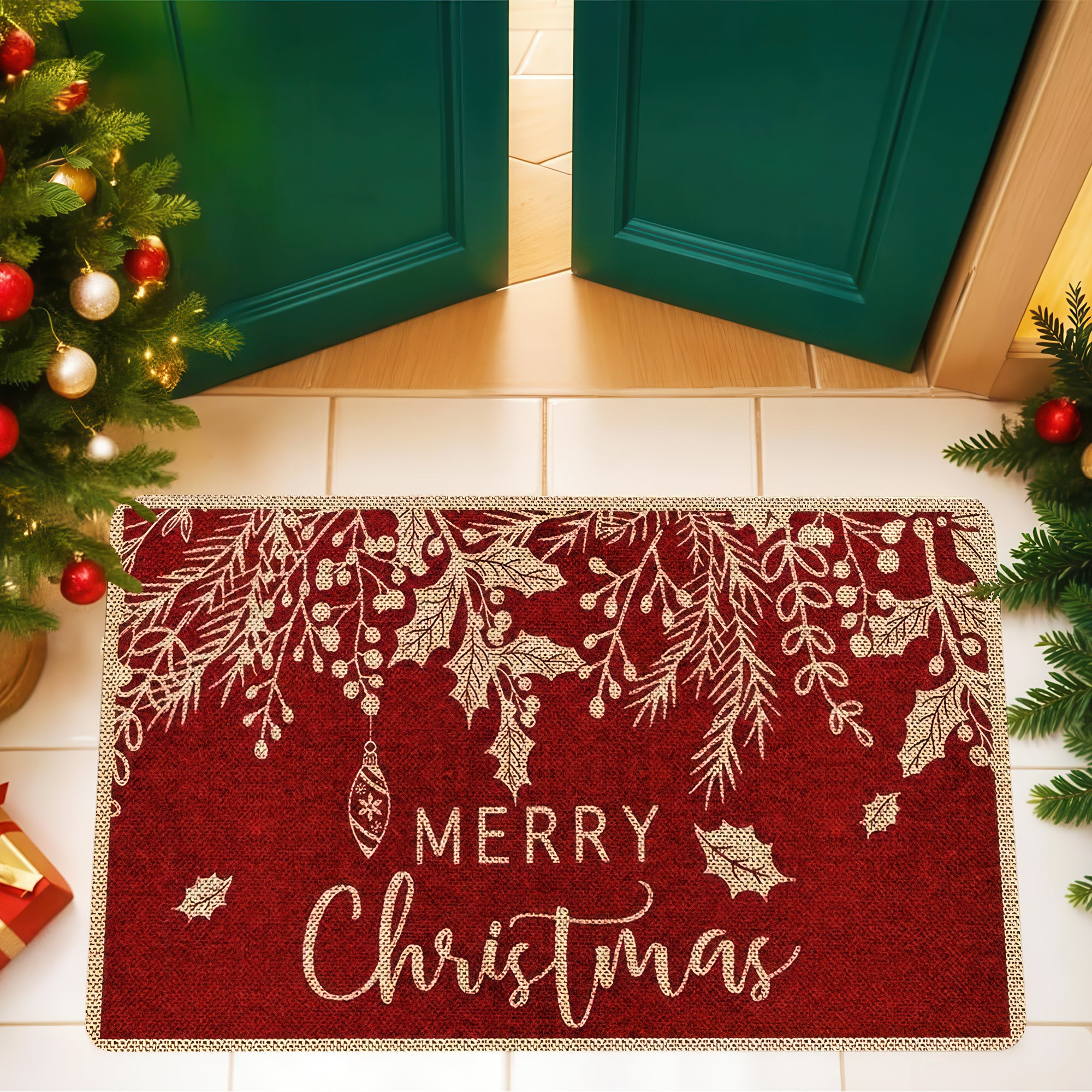 Merry Christmas Door Mat, Red and Gold Holiday Welcome Mat for Front Door