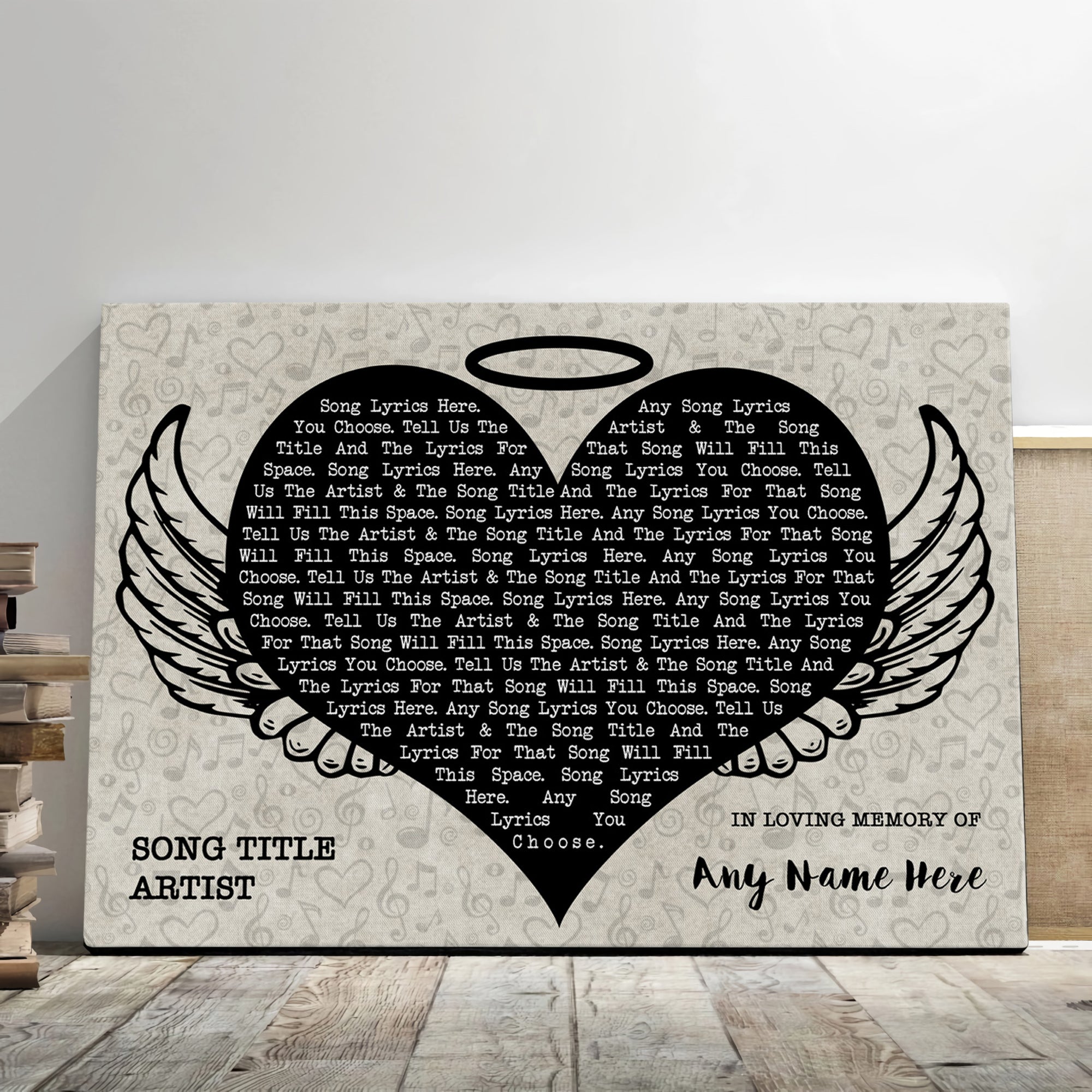 In Loving Memory Personalized Heart Angel Wings Music Wall Art With Song Lyrics, Memorial Gifts