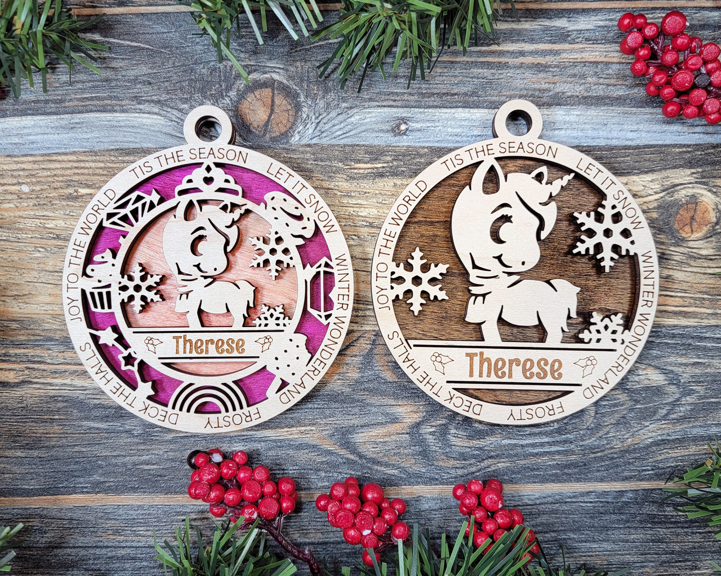 Unicorn Tis The Season Personalized Wood Christmas Ornaments, Christmas Gifts