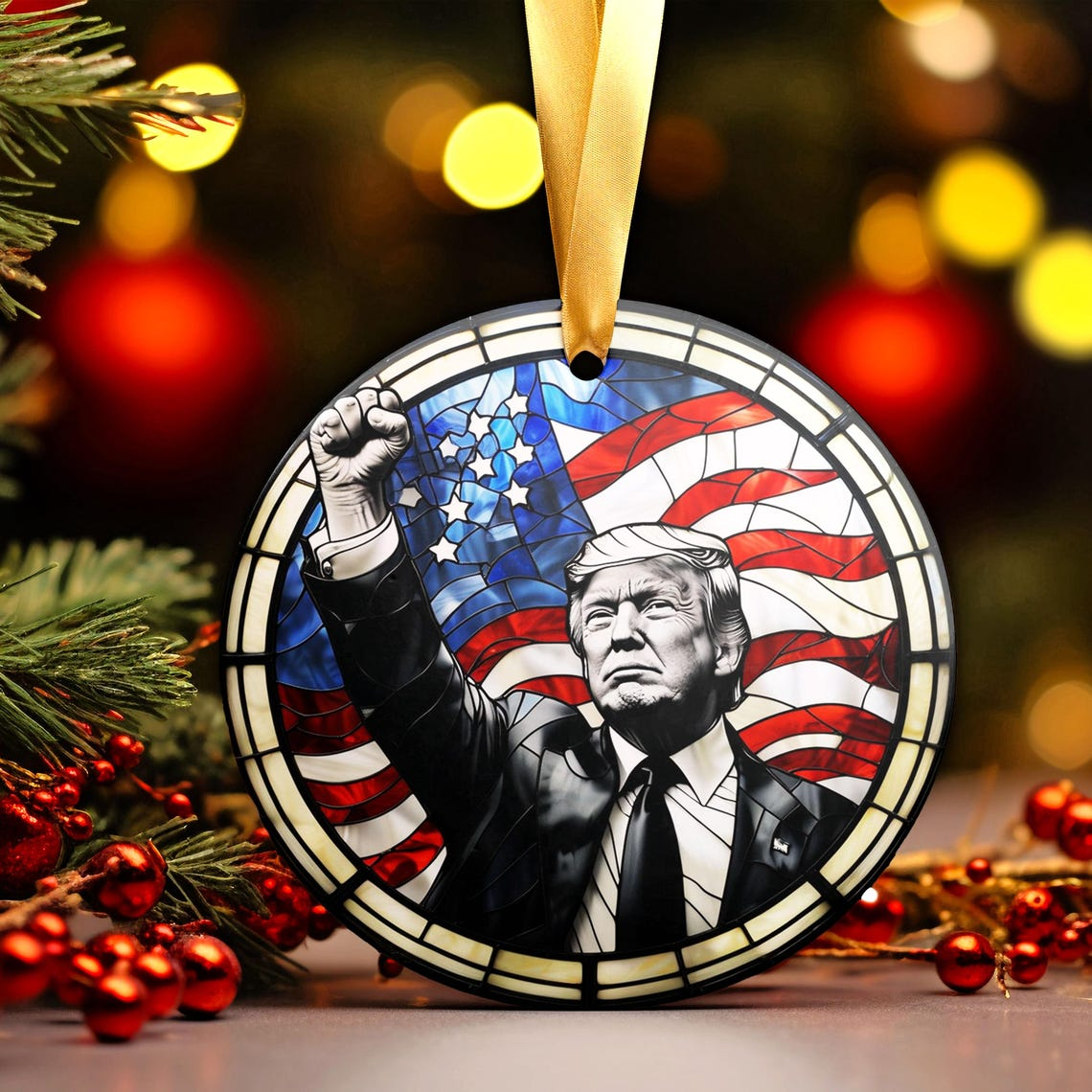 Trump2024 With Raised Fist Ceramic Ornament, Political Christmas Ornament