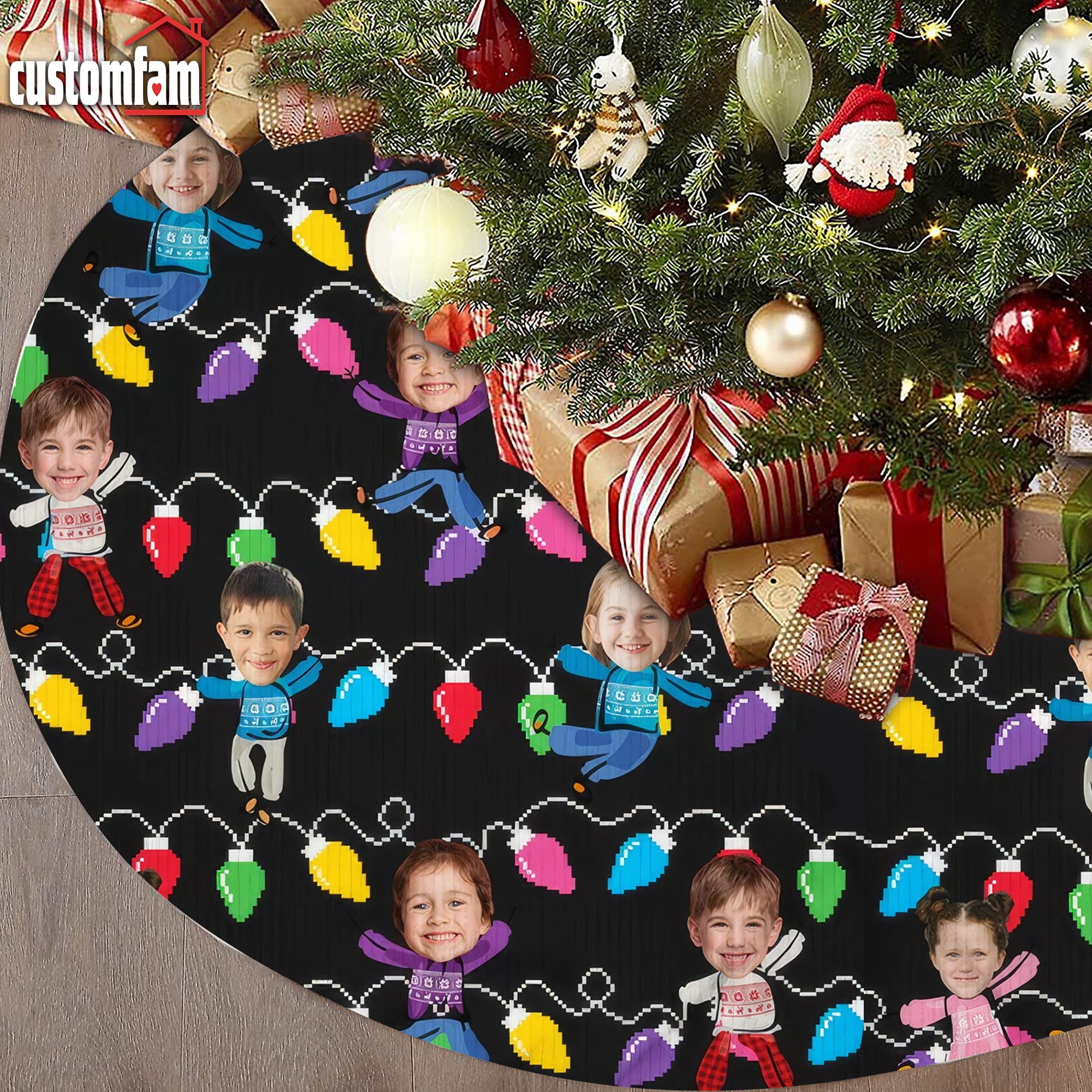 Custom Photo Funny Kids Christmas Tree Skirts, Black Tree Skirt, Xmas Tree Decor