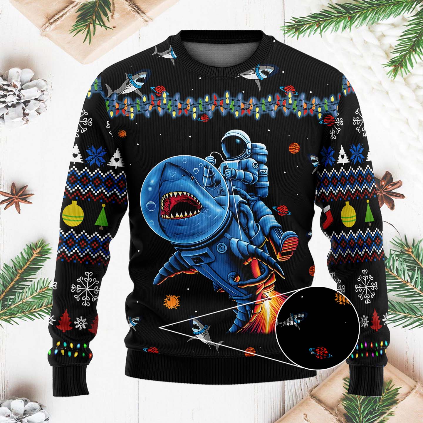 Funny Astronauts Ride A Shark In Space With The Planet Funny Christmas Ugly Sweater, Ugly Christmas Sweater