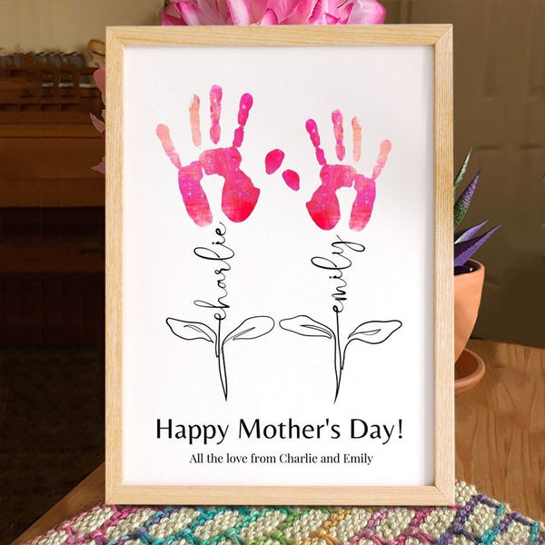 Personalized Baby Handprint Flowers Wooden Sign - DIY Gift For Grandma, Mom From Kids, "Thanks For Helping Us Grow"