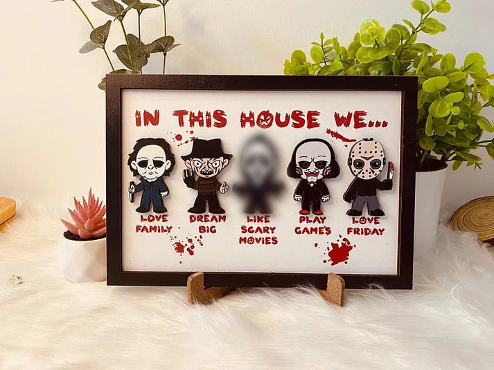 In This House We Horror 2 Layered Wooden Door Sign, Scary Movies Fan Gift, Halloween Decor