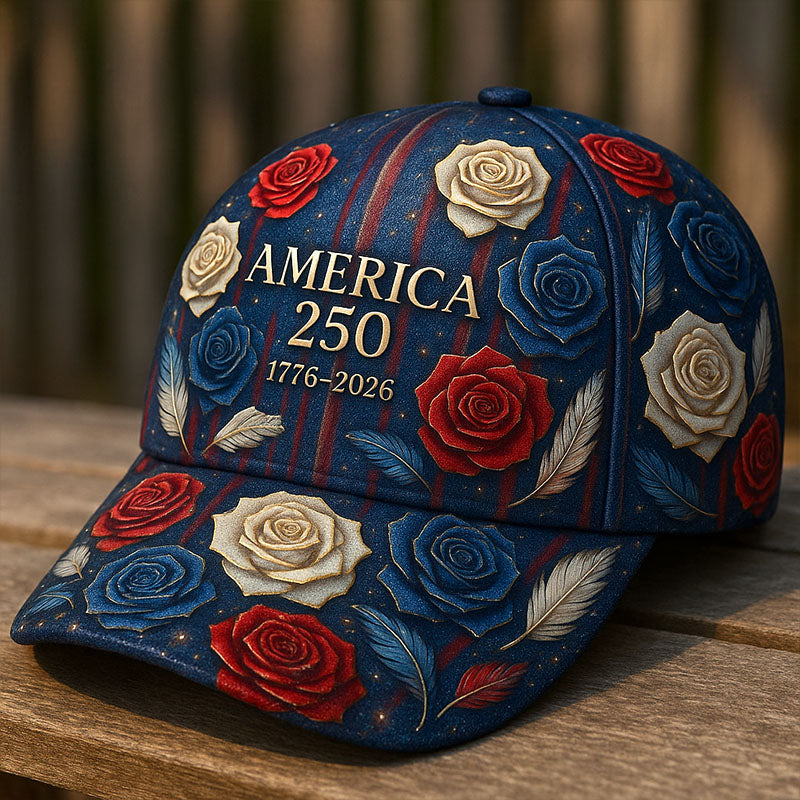 Red White Blue Roses United States 250th Anniversary Printed Hat, Patriotic Hat, Classic Cap