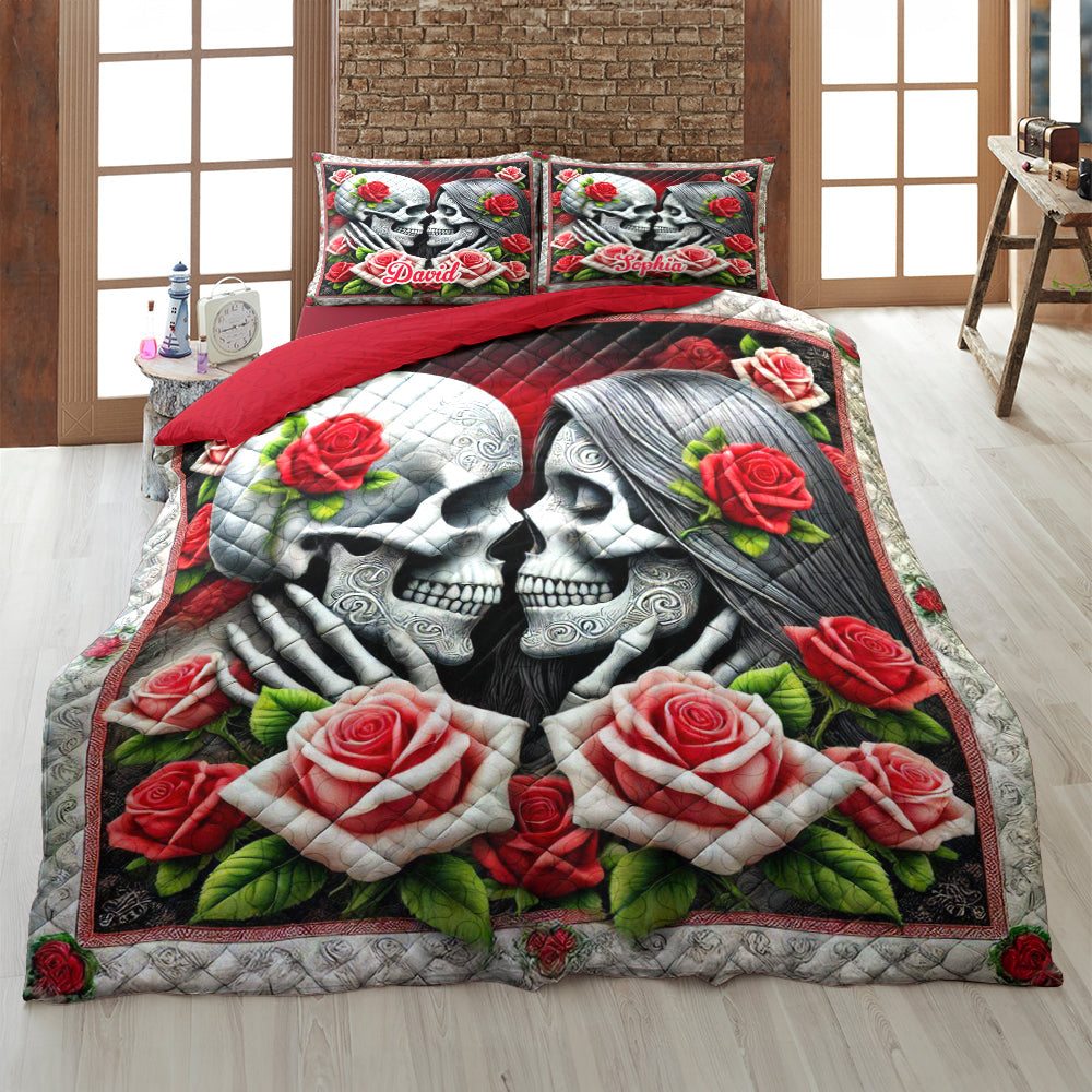 Personalized Skull Couple Quilt Bed Sets, Couple Bedding Set, Valentine Gift For Couple