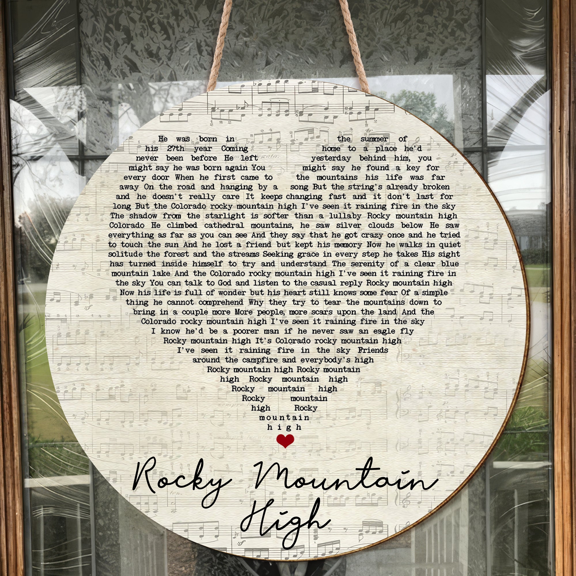 John Denver Rocky Mountain High Script Heart Song Lyric Art Print Round Wood Sign, Wood Signs For Home