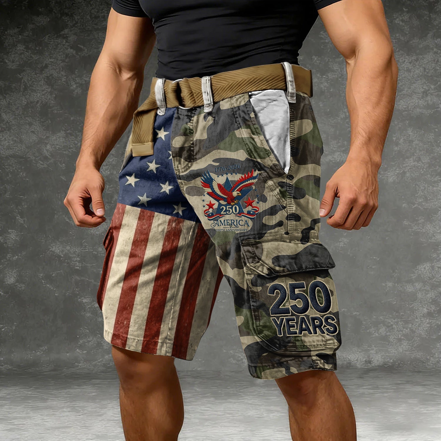 Bald Eagle US Flag Camo Cargo Shorts, Golf Shorts For Men, 250 Years Short Pants