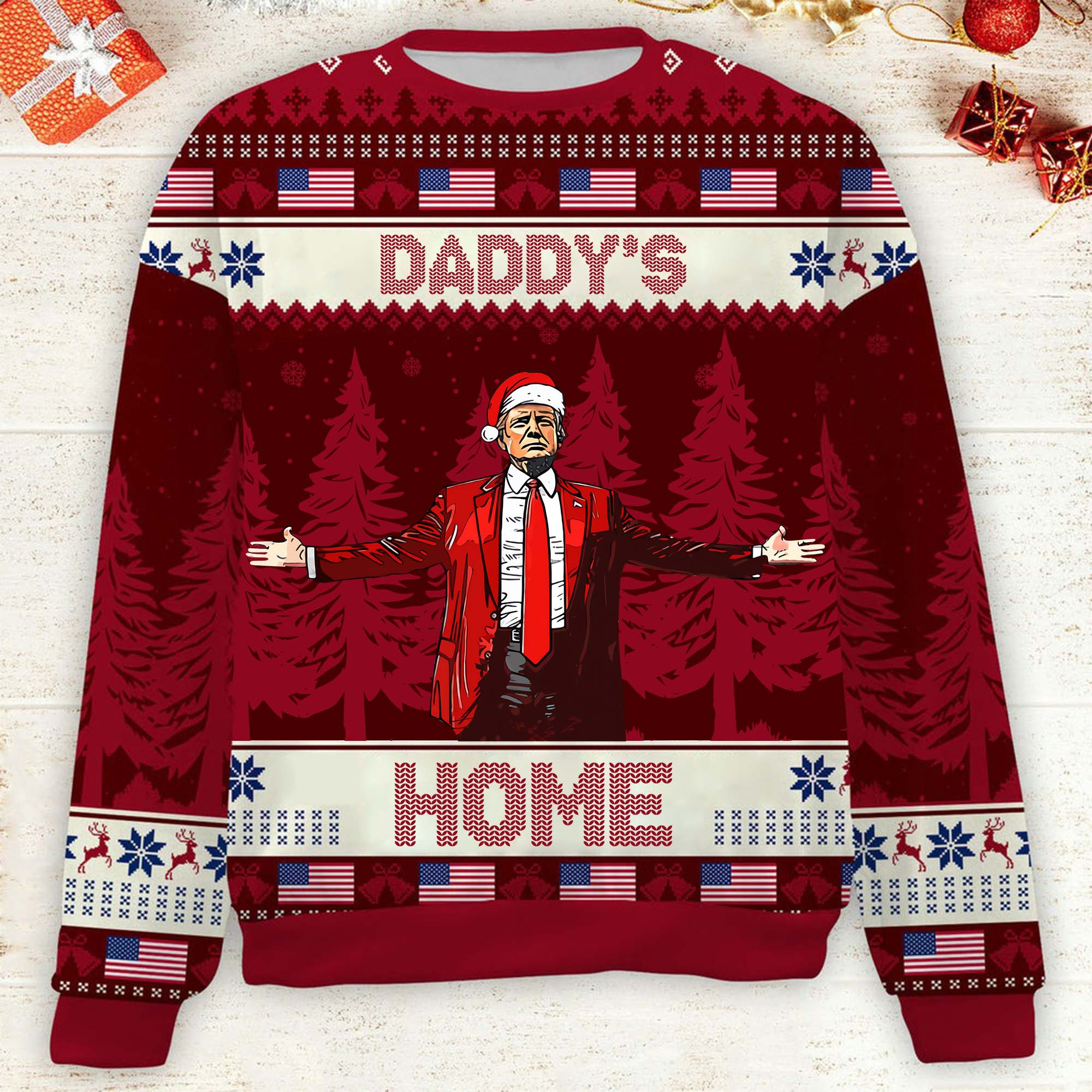 Daddy's Home Funny Humorous Trump2024 Christmas Ugly Sweater, Funny Political Shirt