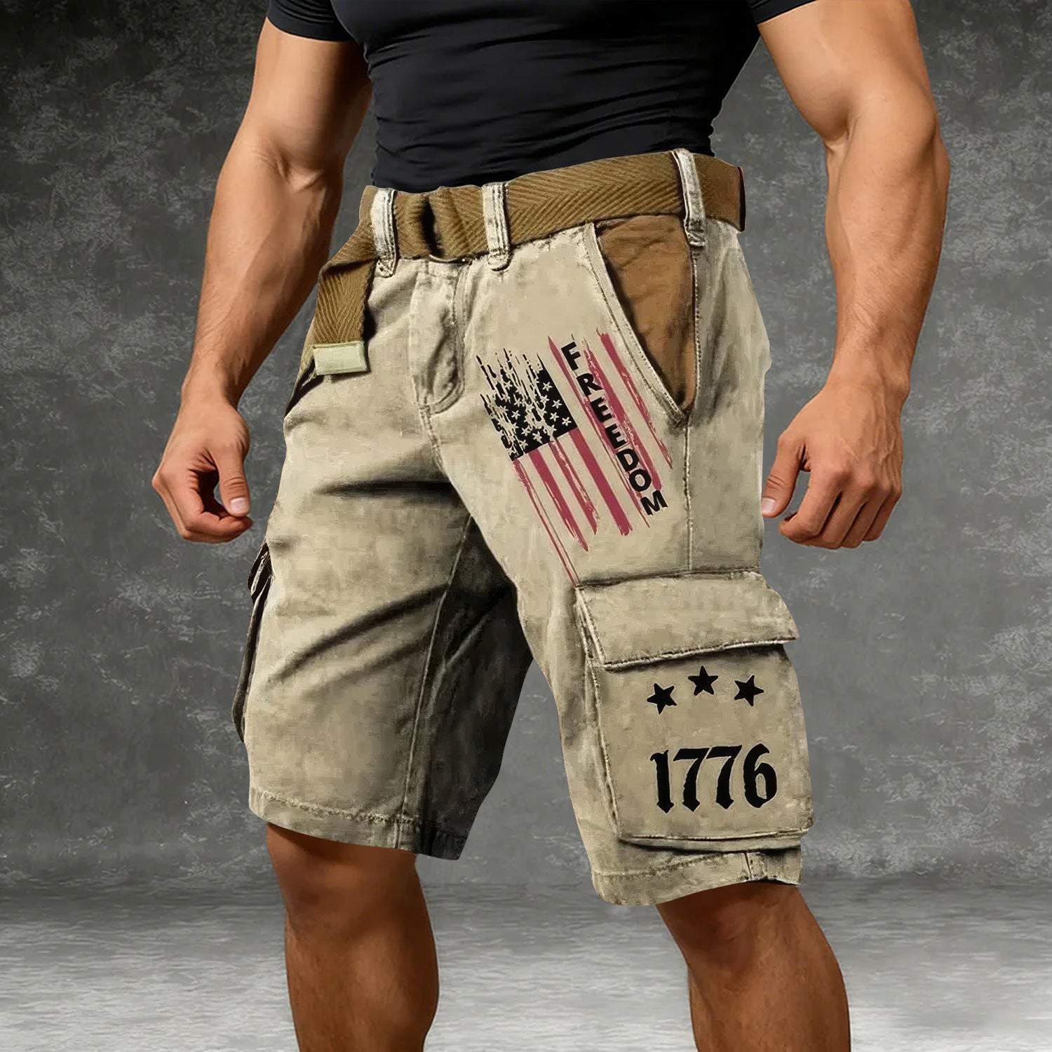 Freedom USA Flag Pattern Beige Cargo Shorts, Golf Shorts For Men, 250th Anniversary Short Pants