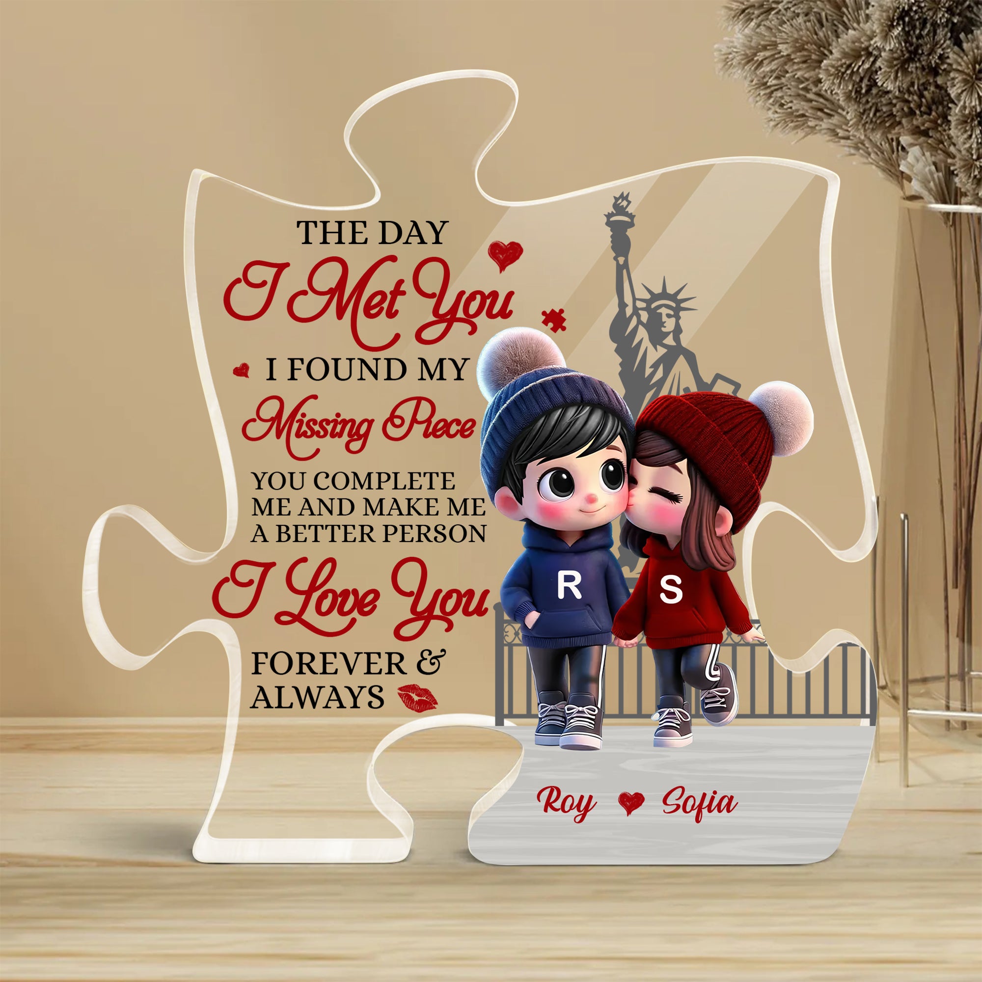 The Day I Met You Personalized Puzzle Shaped Acrylic Plaque, Valentine Gift For Couple