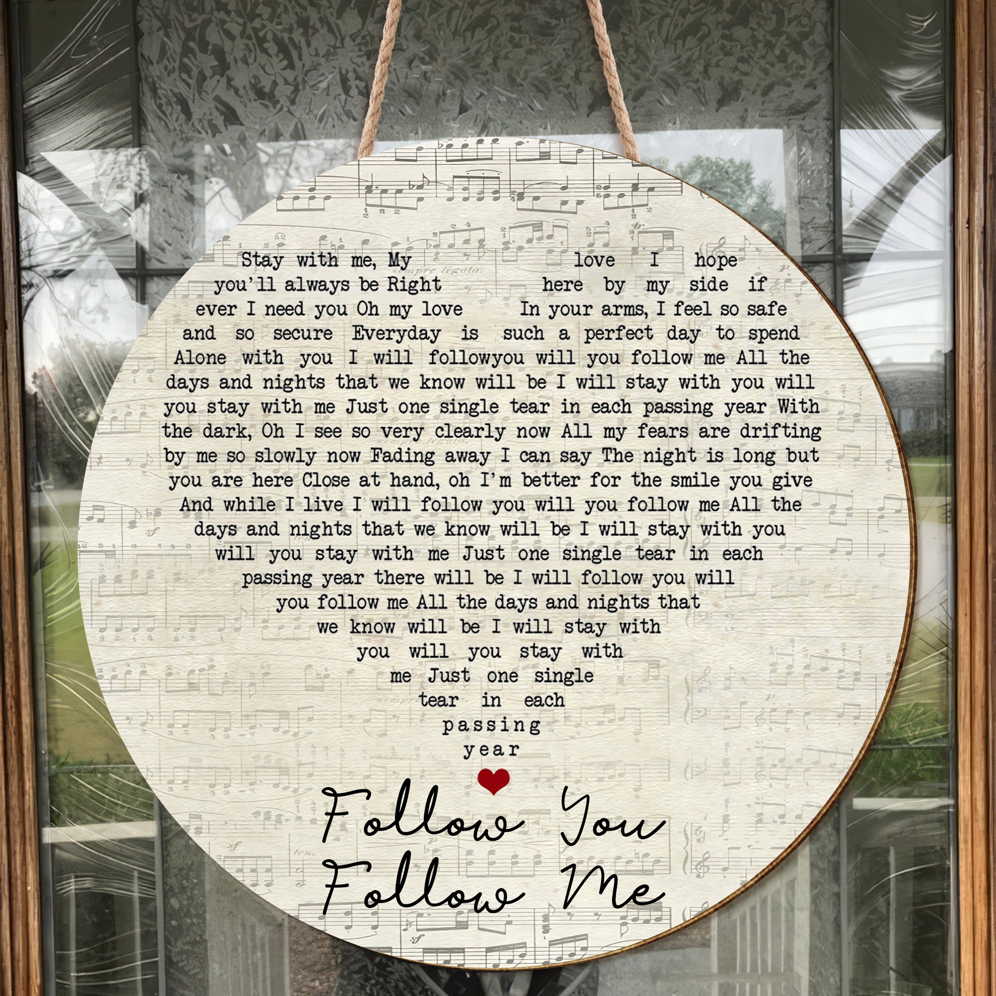 Genesis Follow You Follow Me Script Heart Song Lyric Art Print Round Wood Sign, Wood Signs For Home