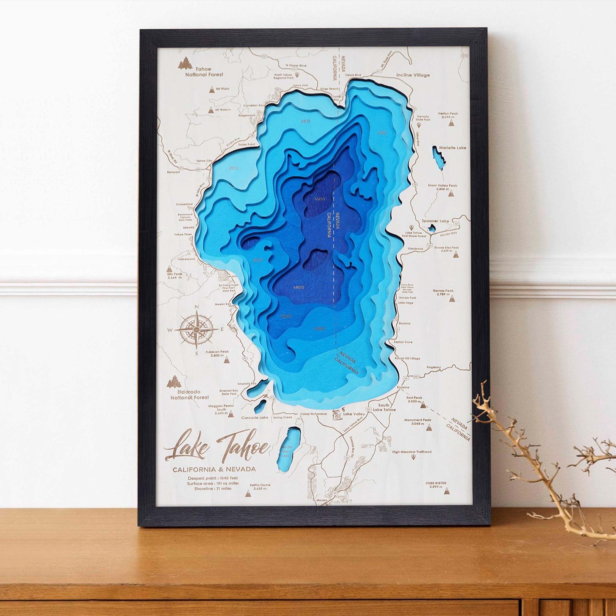 Lake Tahoe Personalize Wood Art, Topographic Lake Map, Lake Wall Art