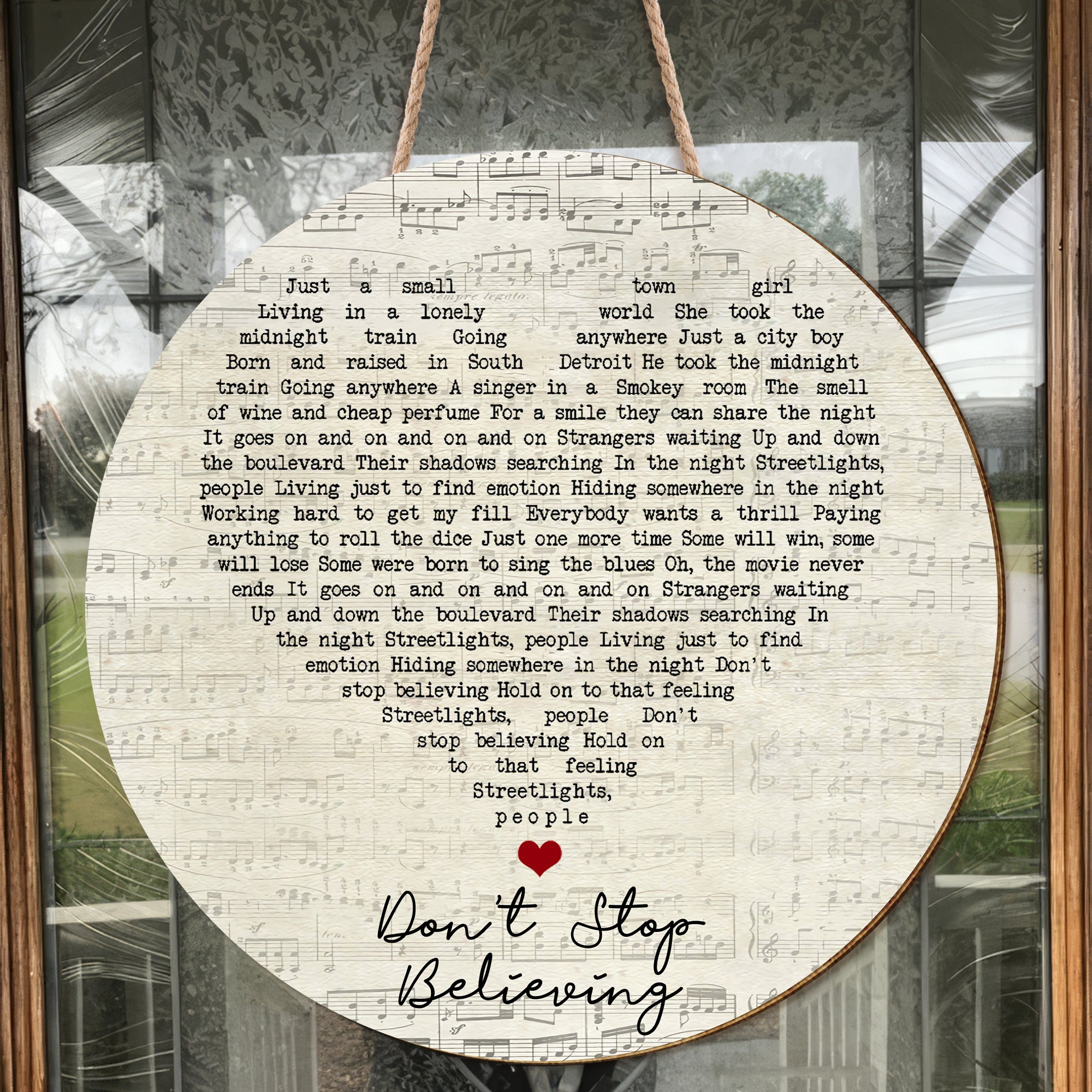 Journey Don't Stop Believing Script Heart Song Lyric Art Print Round Wood Sign, Wood Signs For Home