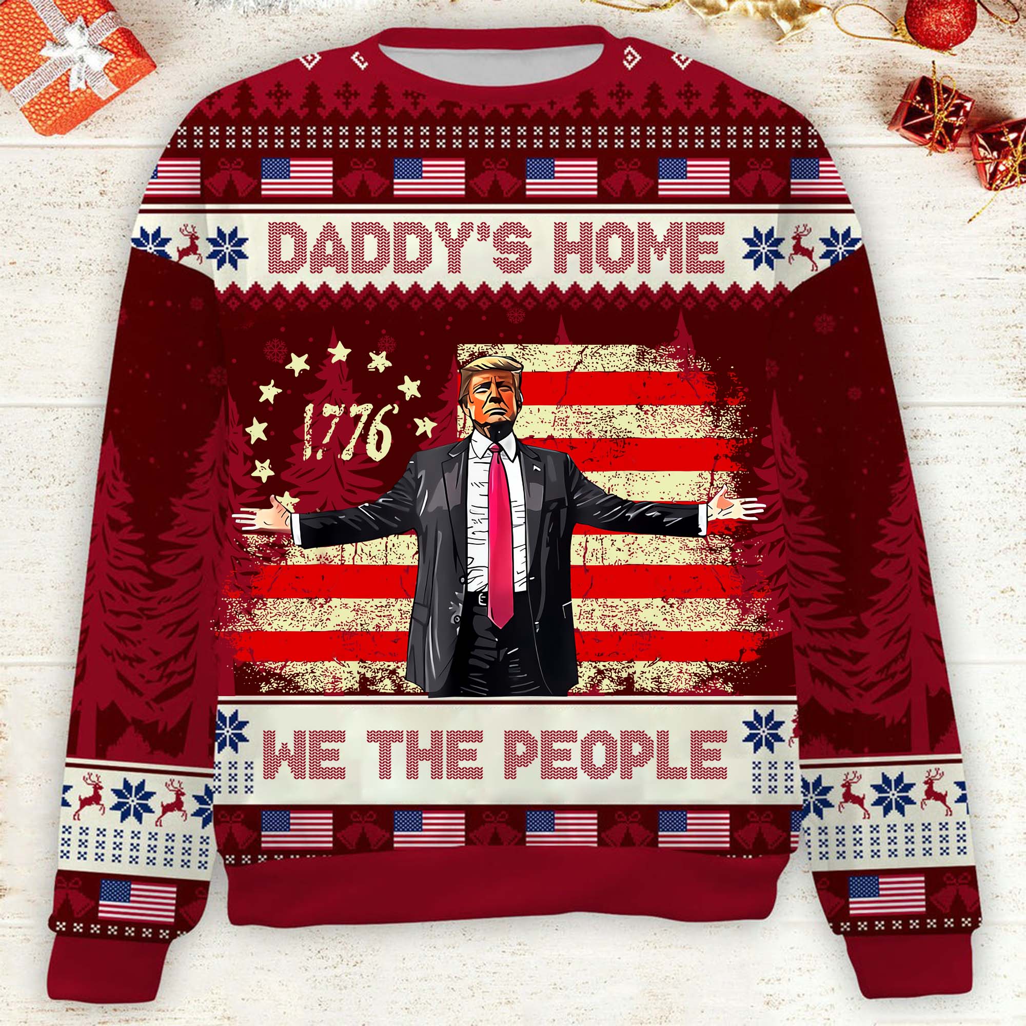 Daddy's Home Funny Humorous Trump2024 Funny Christmas Ugly Sweater, Funny Political Shirts