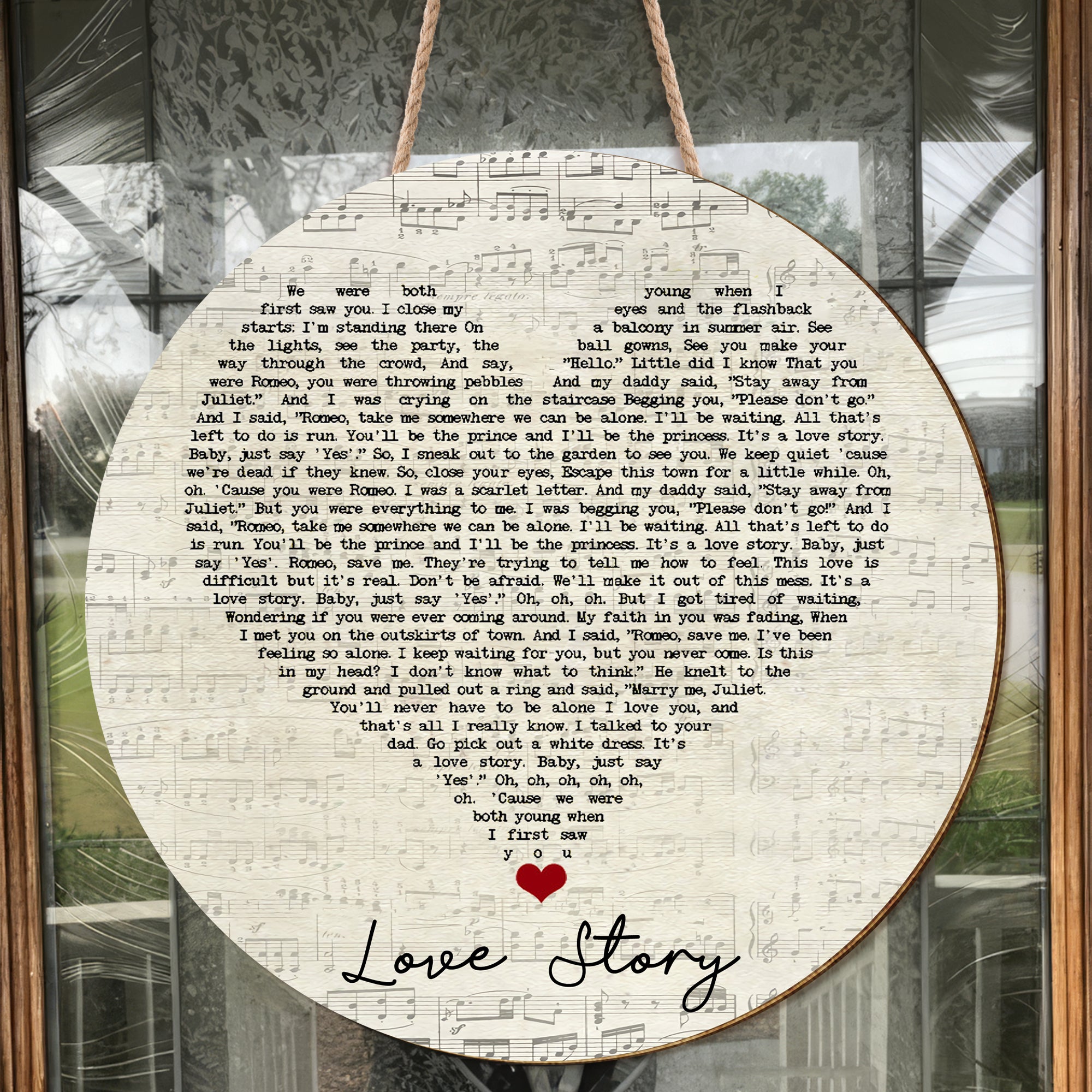 Love Story Script Heart Song Lyric Quote Music Art Print Round Wood Sign