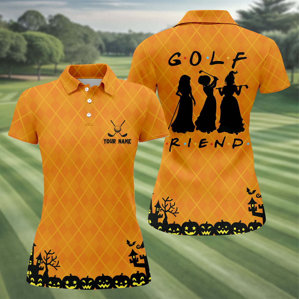 Your Name Golf Friends Horror Character Polo Shirt, Womens Golf Tops, Halloween Shirt
