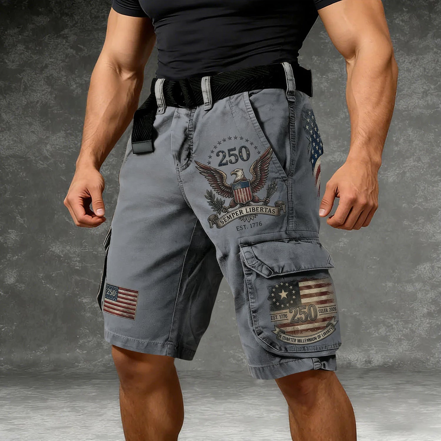 Bald Eagle USA Flag Pattern Grey Cargo Shorts, Golf Shorts For Men, 250th Anniversary Short Pants