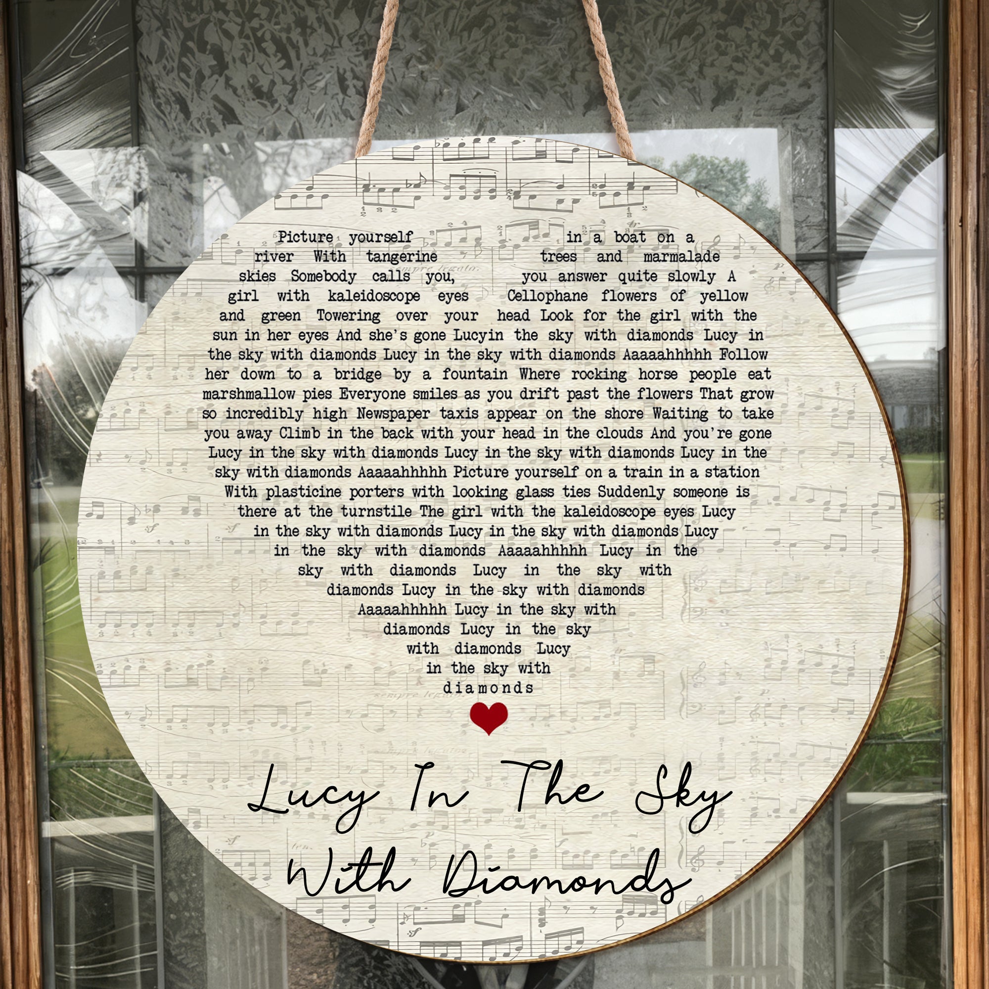 Lucy In The Sky With Diamonds Script Heart Song Lyric Music Art Print Round Wood Sign, Wood Sign For Home