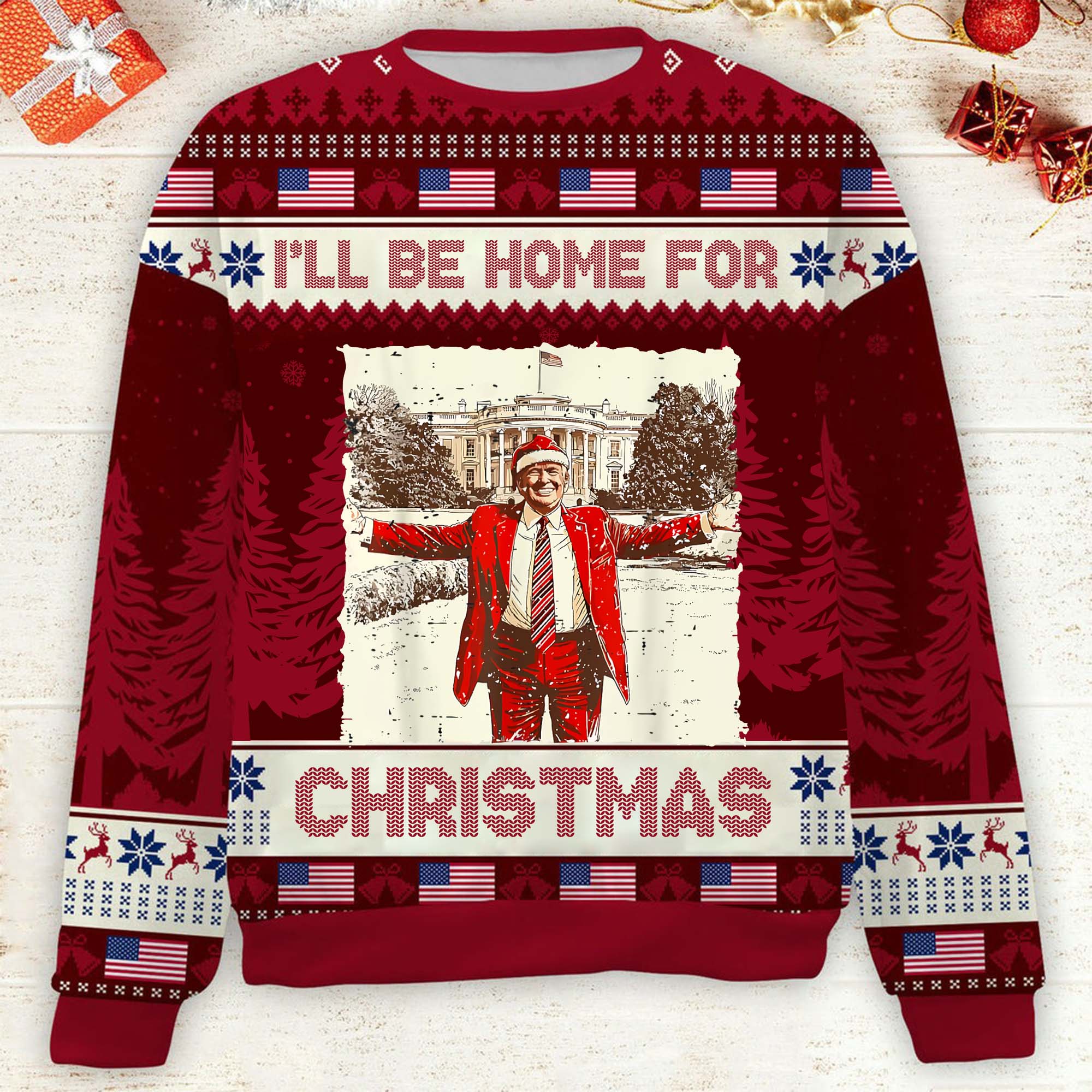 I'll Be Home For Christmas Trump2024 Funny Christmas Ugly Sweater, Funny Political Shirts