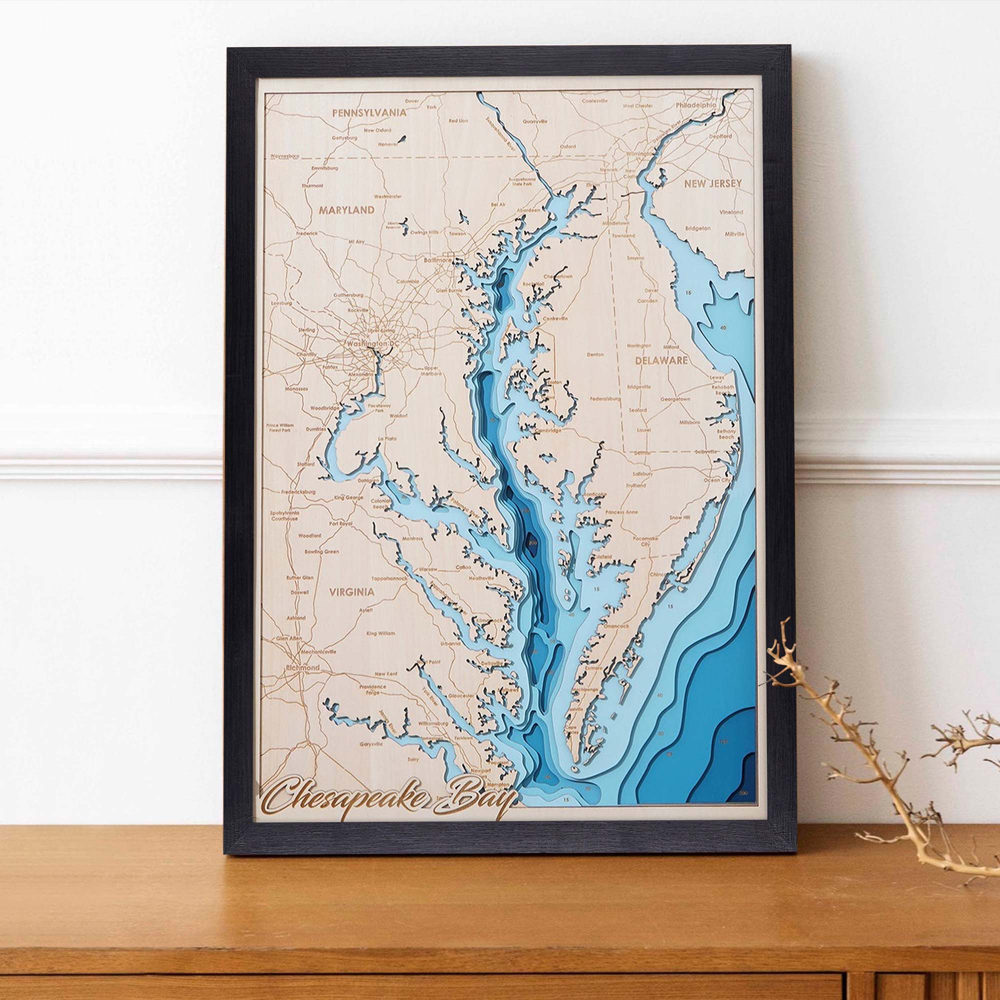 Chesapeake Bay Personalize Wood Art, Topographic Lake Map, Lake Wall Art