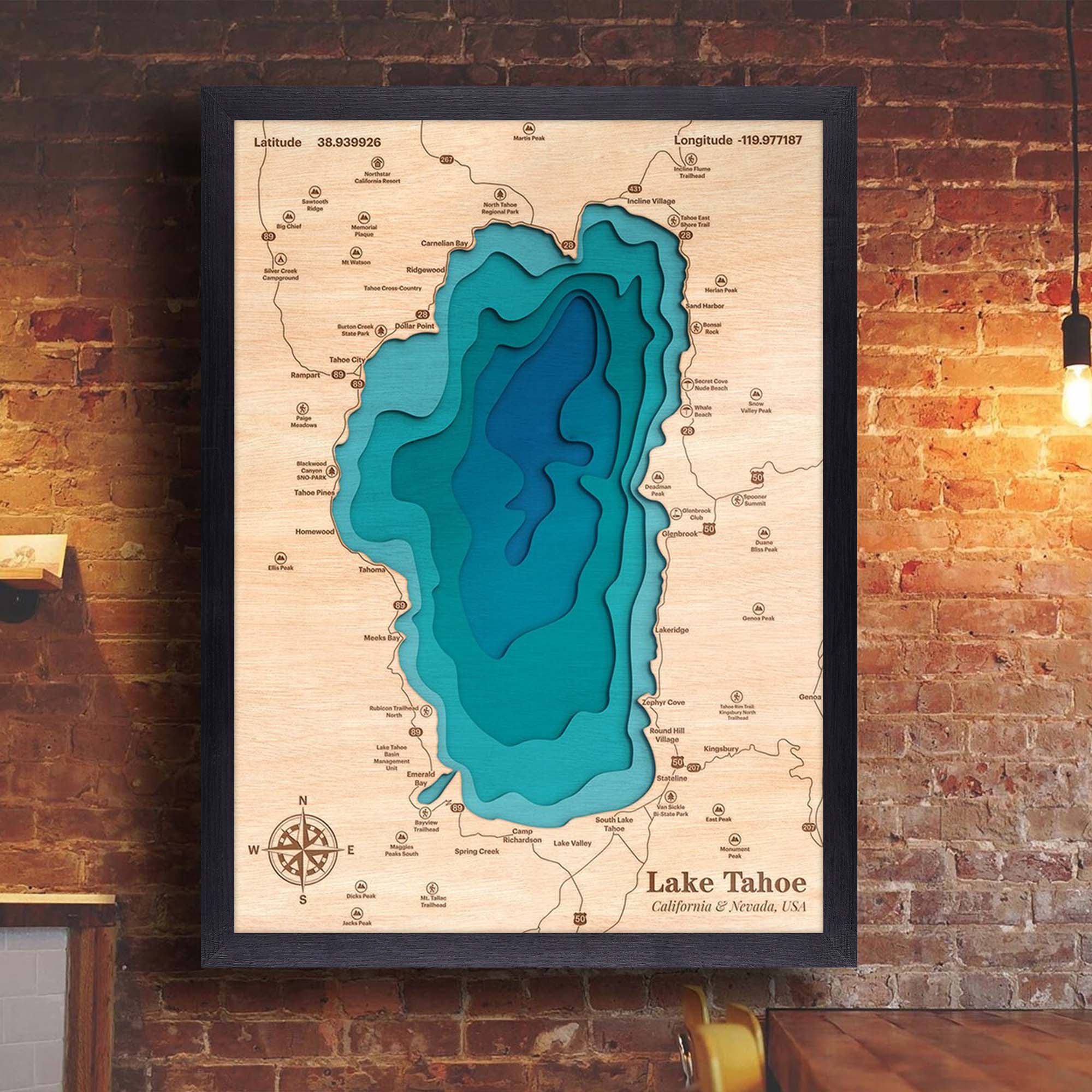 Lake Tahoe Customize Wood Art, Topographic Lake Map, Lake Wall Art