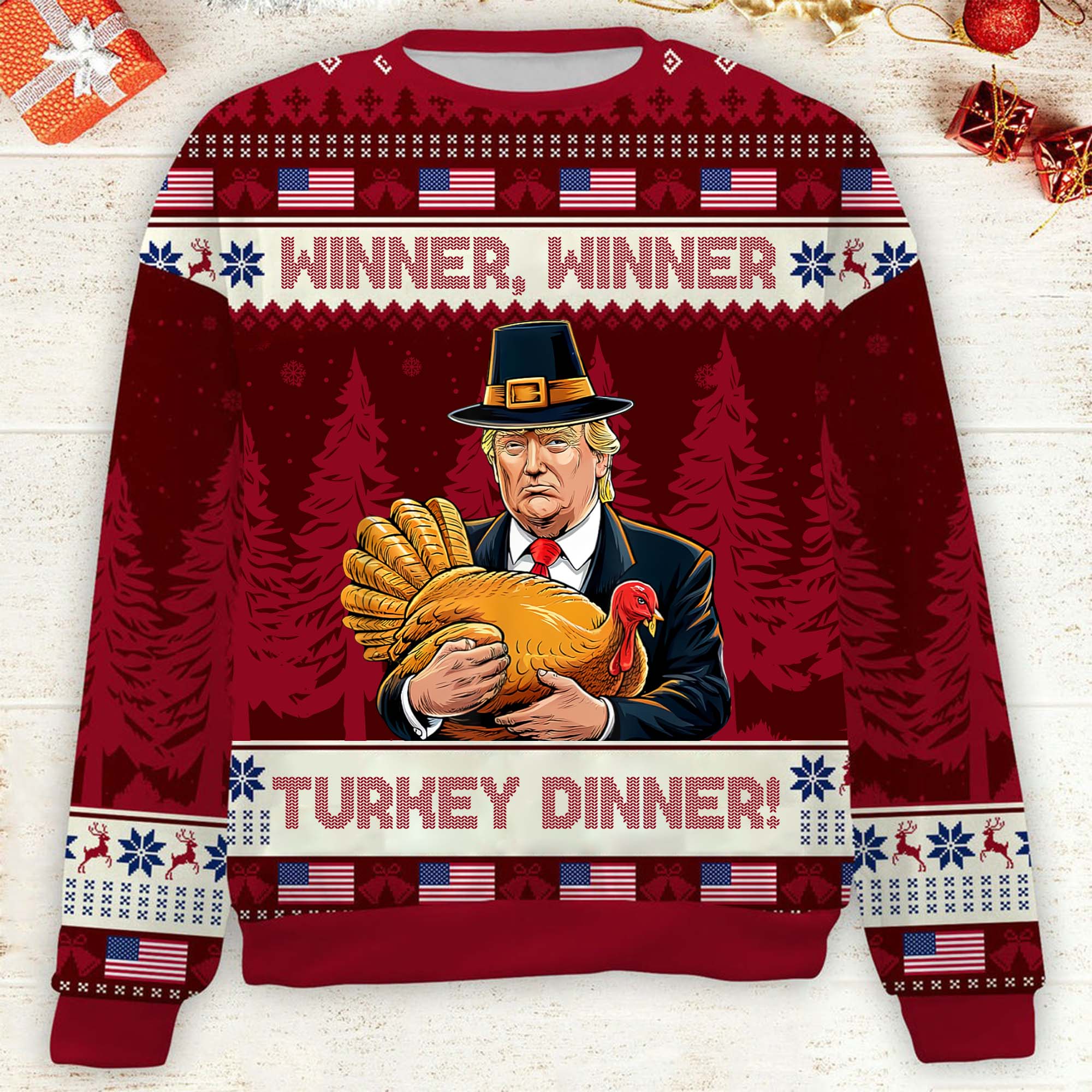 Winner Winner Turkey Dinner Funny Humorous Trump2024 Funny Christmas Ugly Sweater, Funny Political Shirts