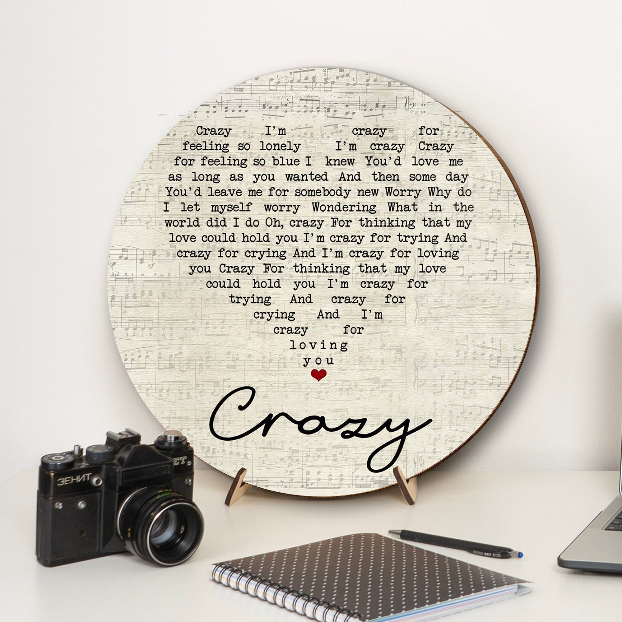 Patsy Cline Crazy Script Heart Song Lyric Art Print Round Wood Sign, Wood Signs For Home