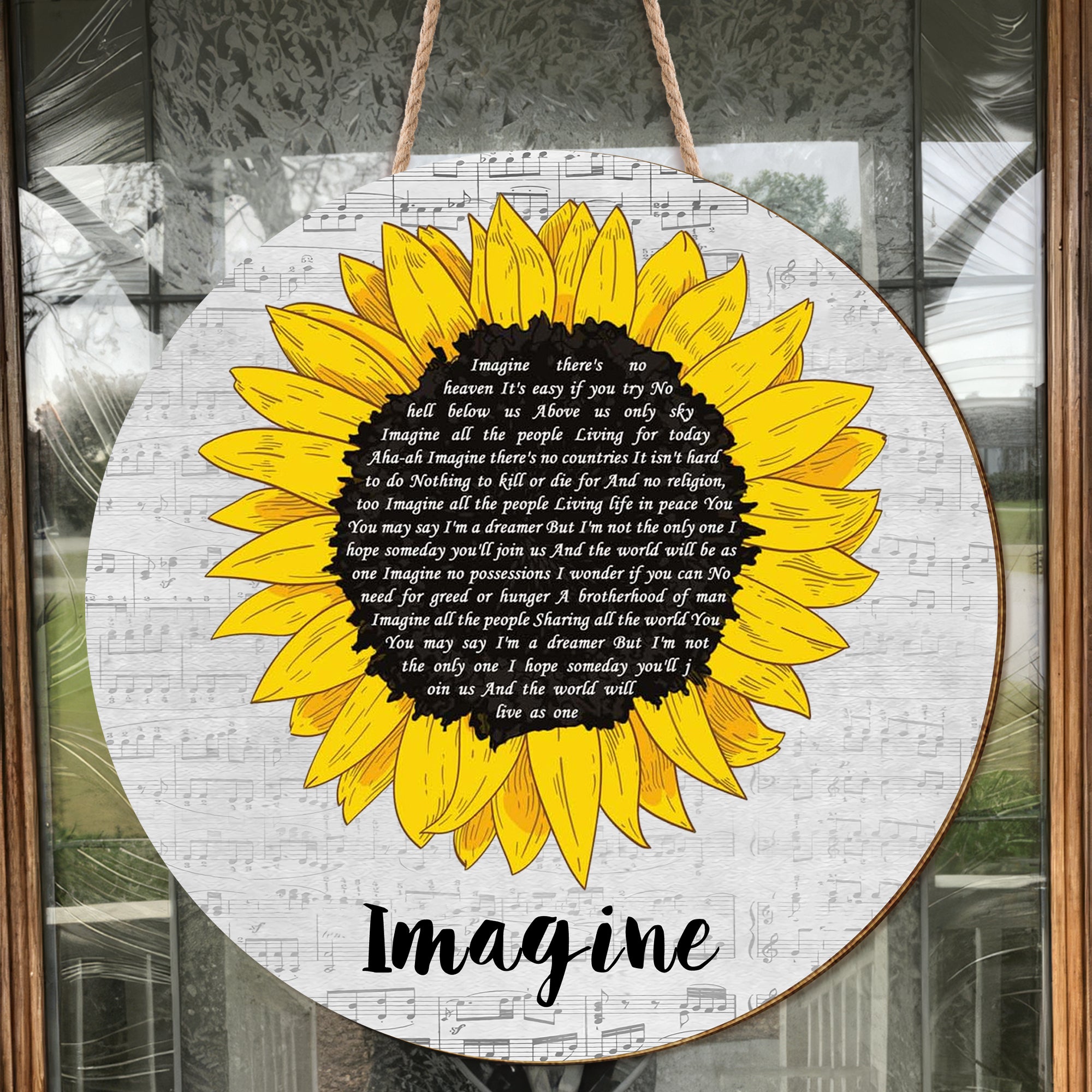 John Lennon Imagine Grey Script Sunflower Song Lyric Print Round Wood Sign, Wood Signs For Home