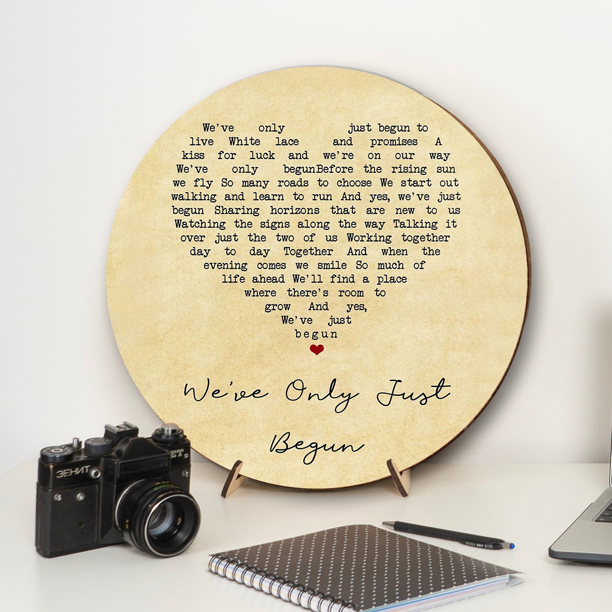 The Carpenters We've Only Just Begun Vintage Heart Song Lyric Art Print Round Wood Sign, Wood Signs For Home