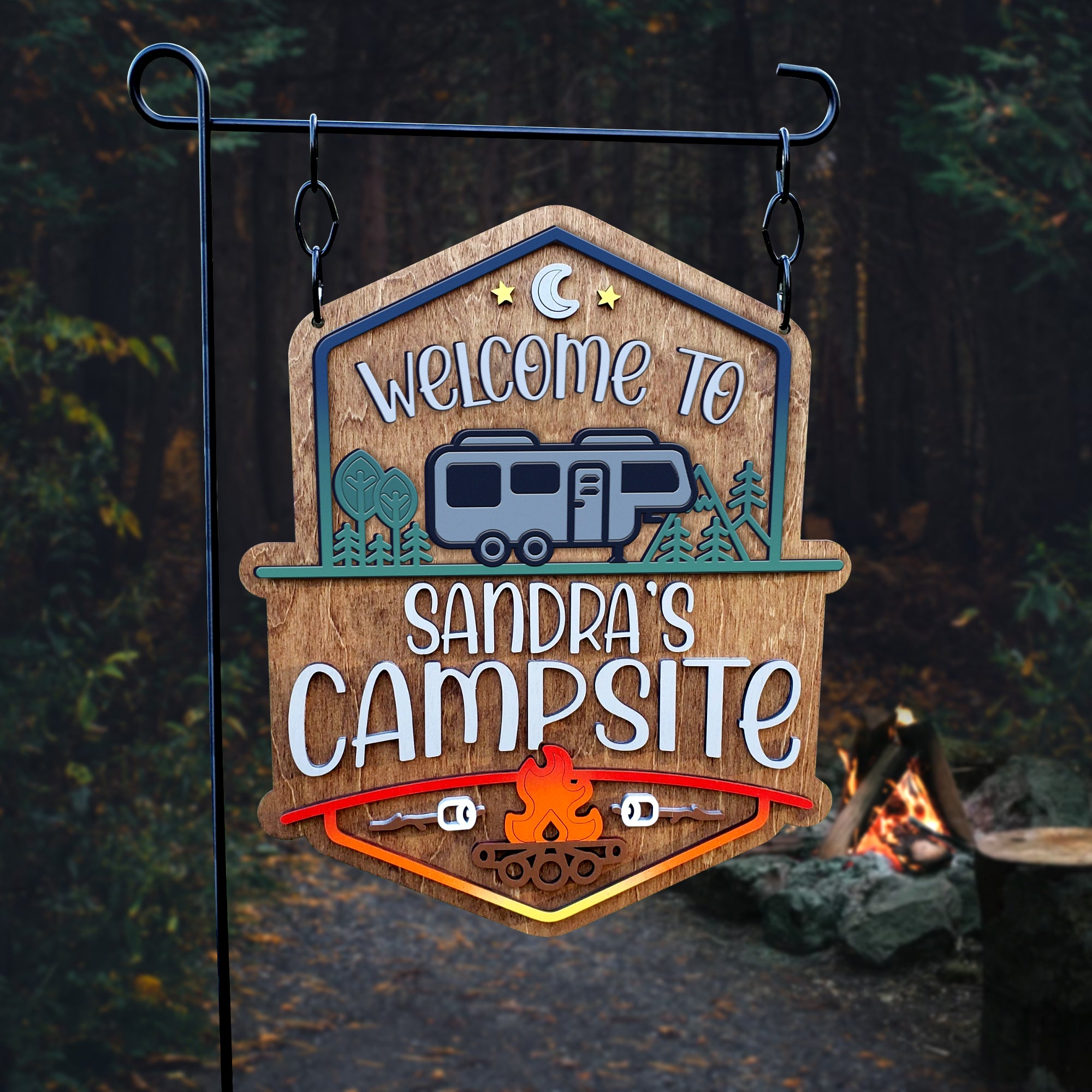 Welcome To Our Campsite 2 Layers Wooden Signs, Personalized Camping RV Van Signs