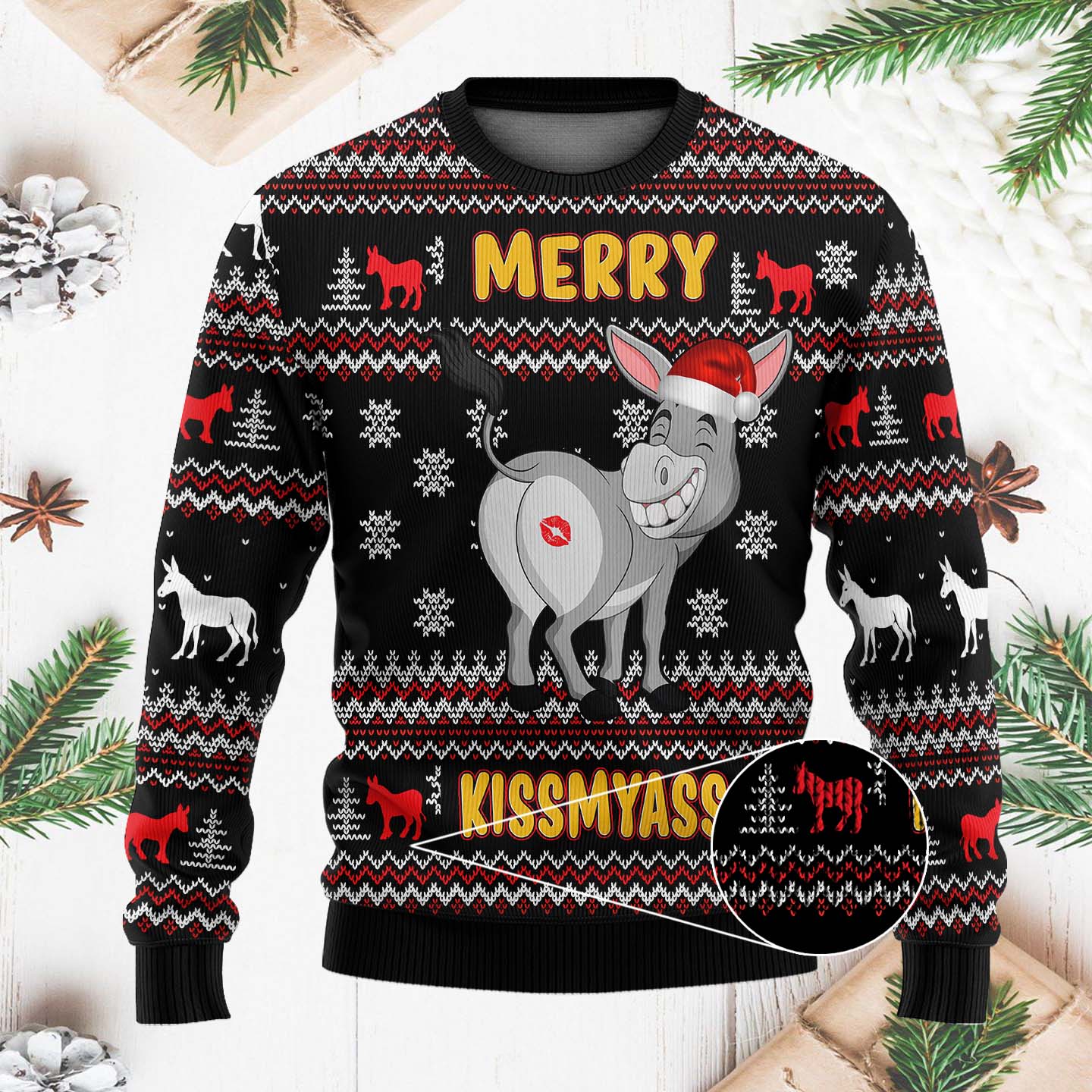 Merry Kissmyass Donkey Funny Christmas Ugly Sweater, Ugly Christmas Sweater