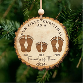 First Christmas As A Family Of 3 Wooden Ornament, Footprints Ornament, Personalized Christmas Ornament