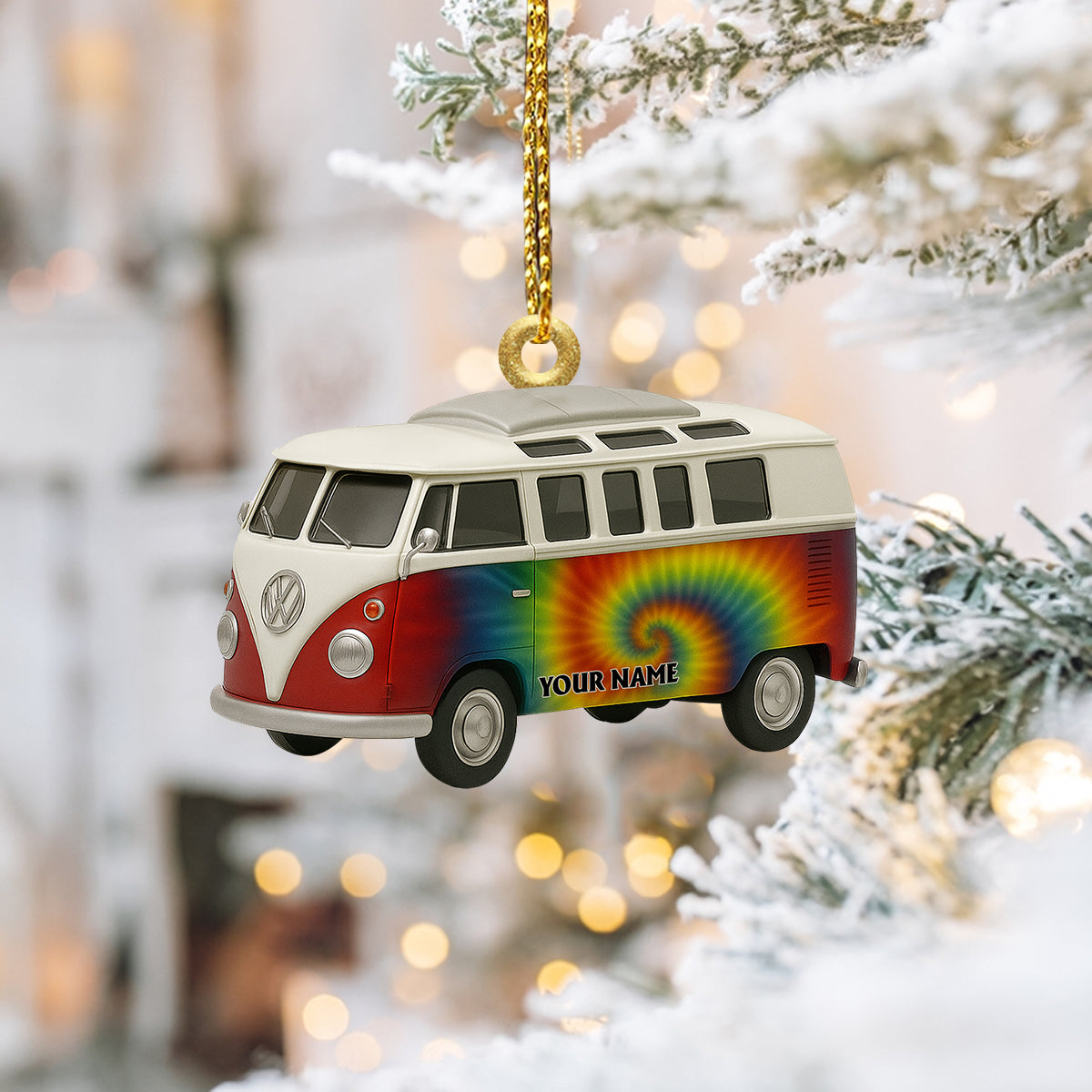 Custom Name Rainbow Tie Dye Retro Bus Deadhead Acrylic Ornament, Rock Ornament, Gift For Rock Lovers