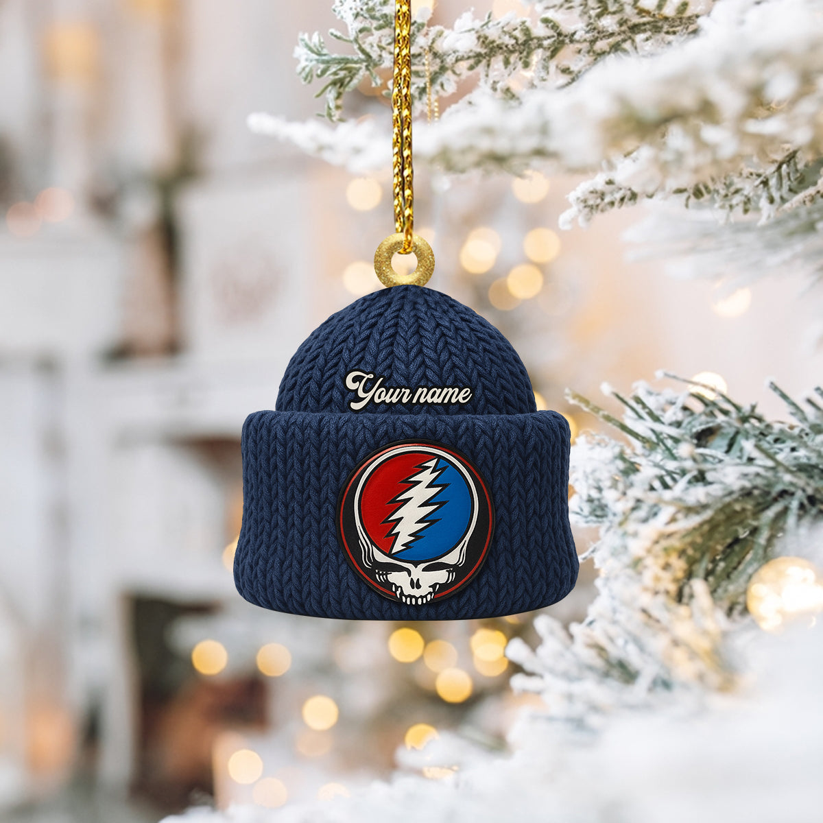 Custom Name Lightning Bolt Skull Navy Beanie Deadhead Acrylic Ornament, Rock Ornament, Gift For Rock Lovers