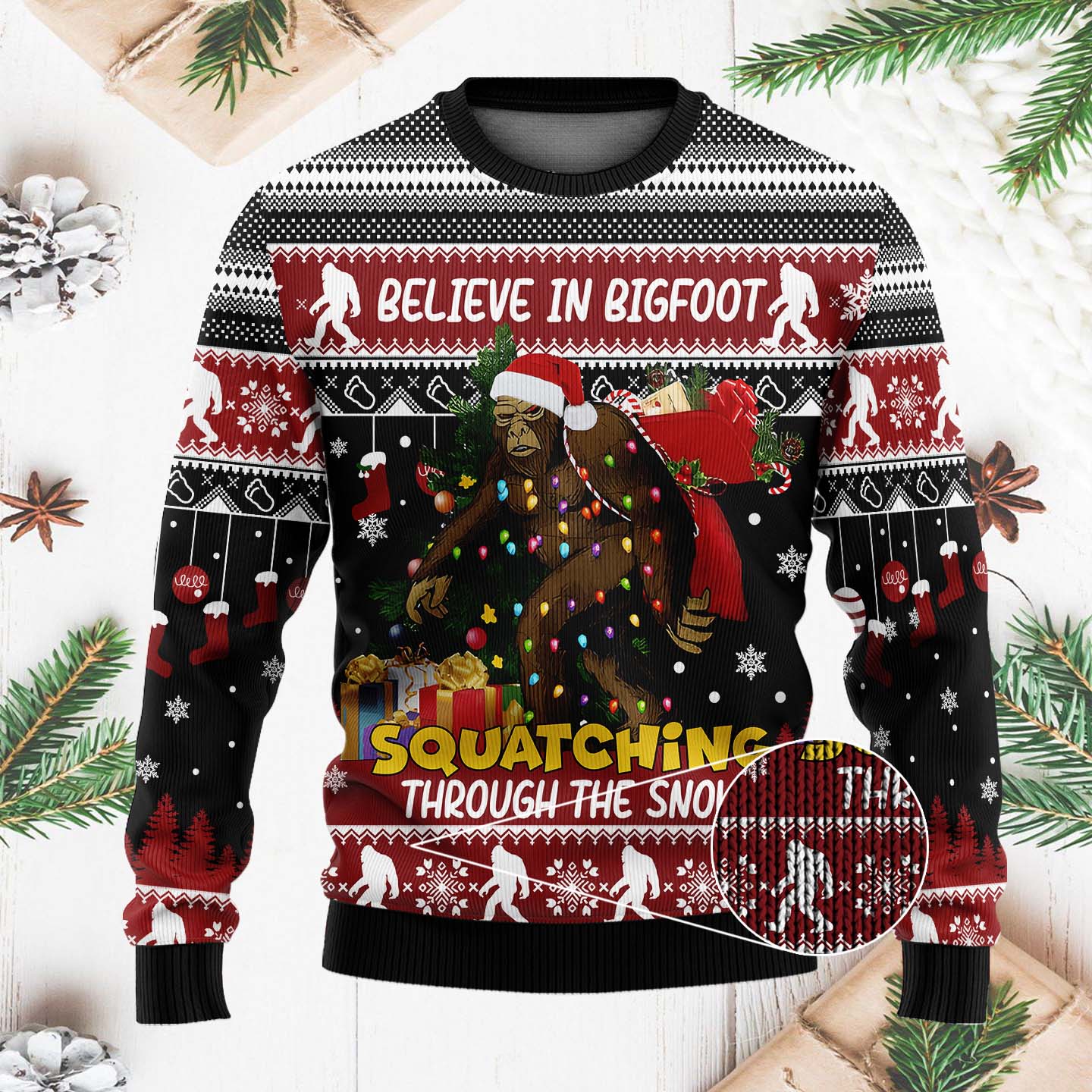 Believe In Bigfoot Squatching Through The Snow Funny Christmas Ugly Sweater, Ugly Christmas Sweater