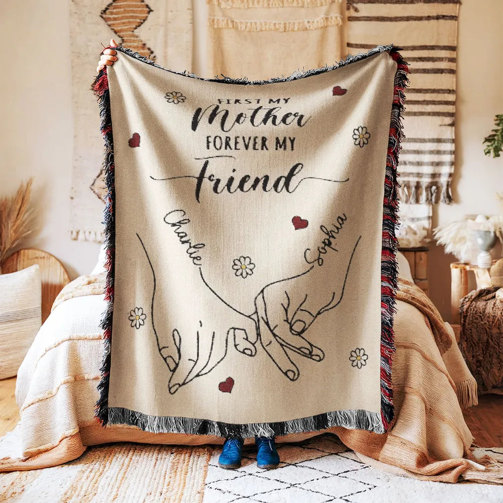 Mom And Daughter Holding Hand Custom Woven Blanket, Mother's Day Gift, Gift For Mom