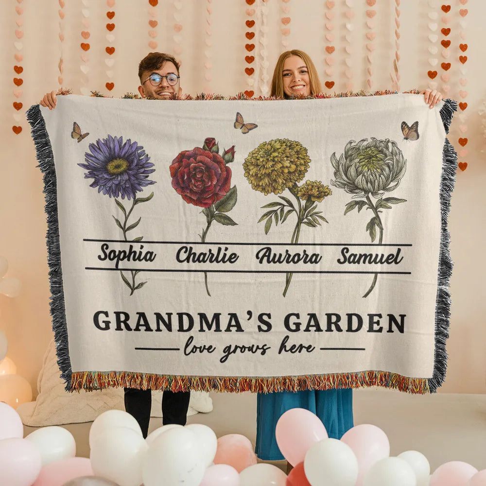 Grandma's Garden Love Grows Here Custom Woven Blanket, Mother's Day Gift, Gift For Grandma