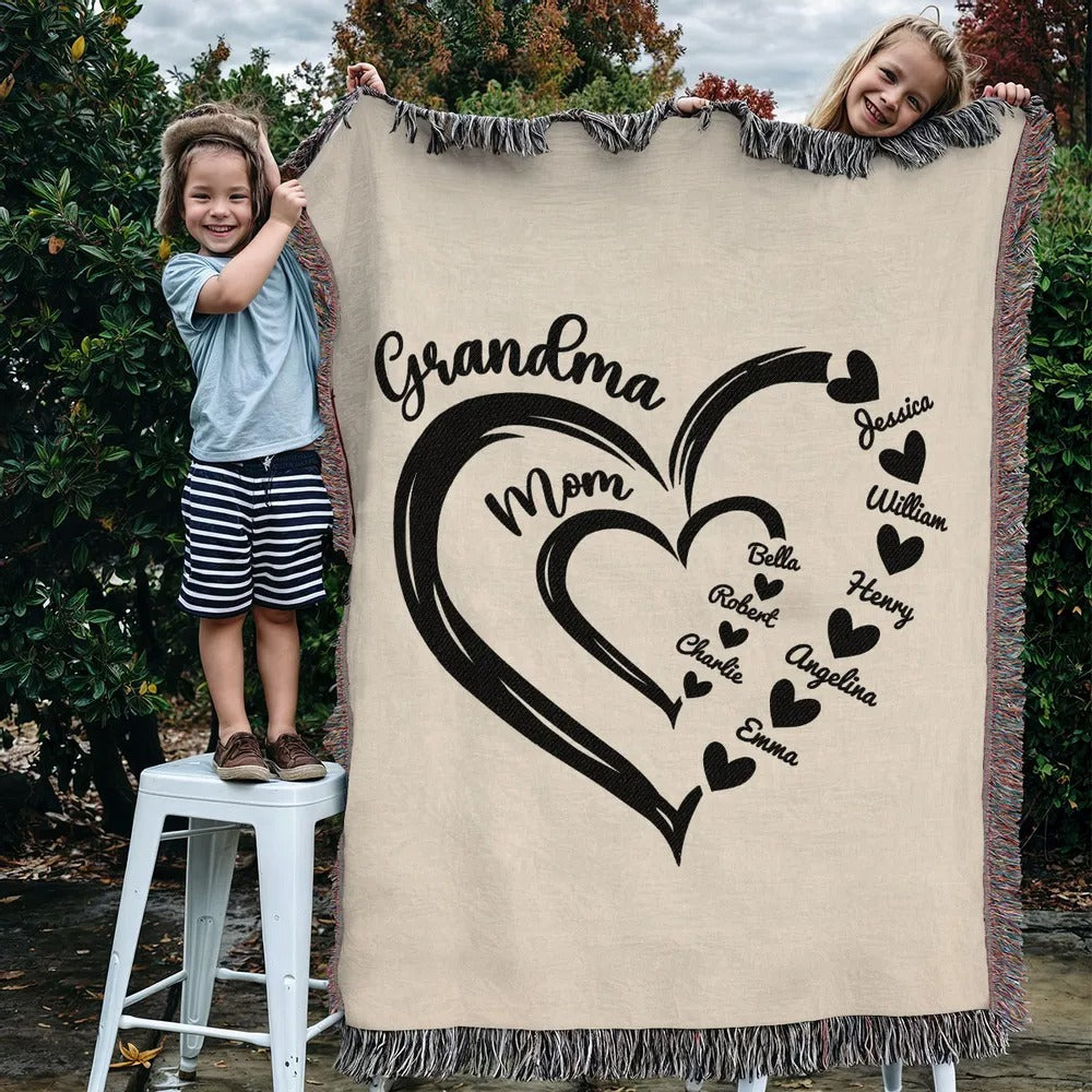 Grandma Mom Hearts Kids And Grandkids Names Custom Blanket, Gift For Grandma