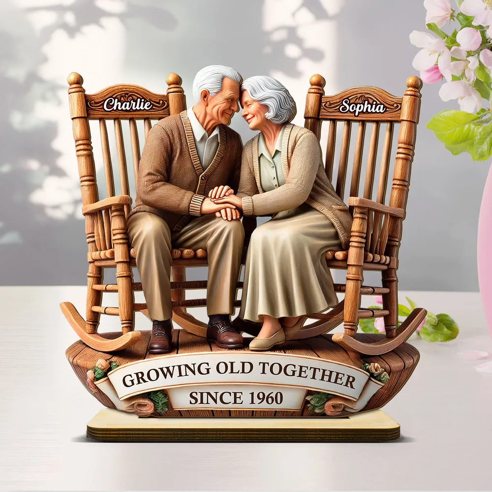 Growing Old Together Wood Sign, Old Couple Sitting On Rocking Chairs Wooden Plaque, Old Couple Gifts