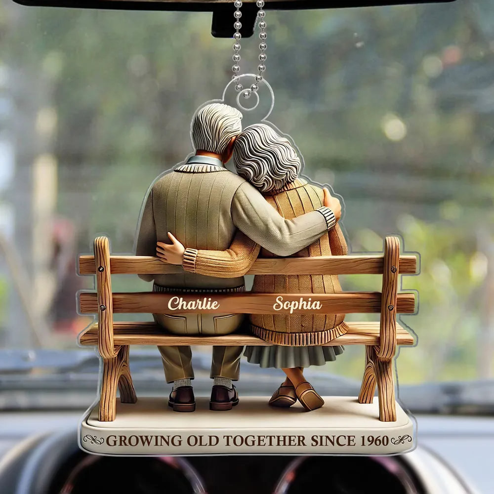 Old Couple Sitting On Bench Acrylic Ornament, Keychain For Couple, Old Couple Gift, Couple Anniversary Gift