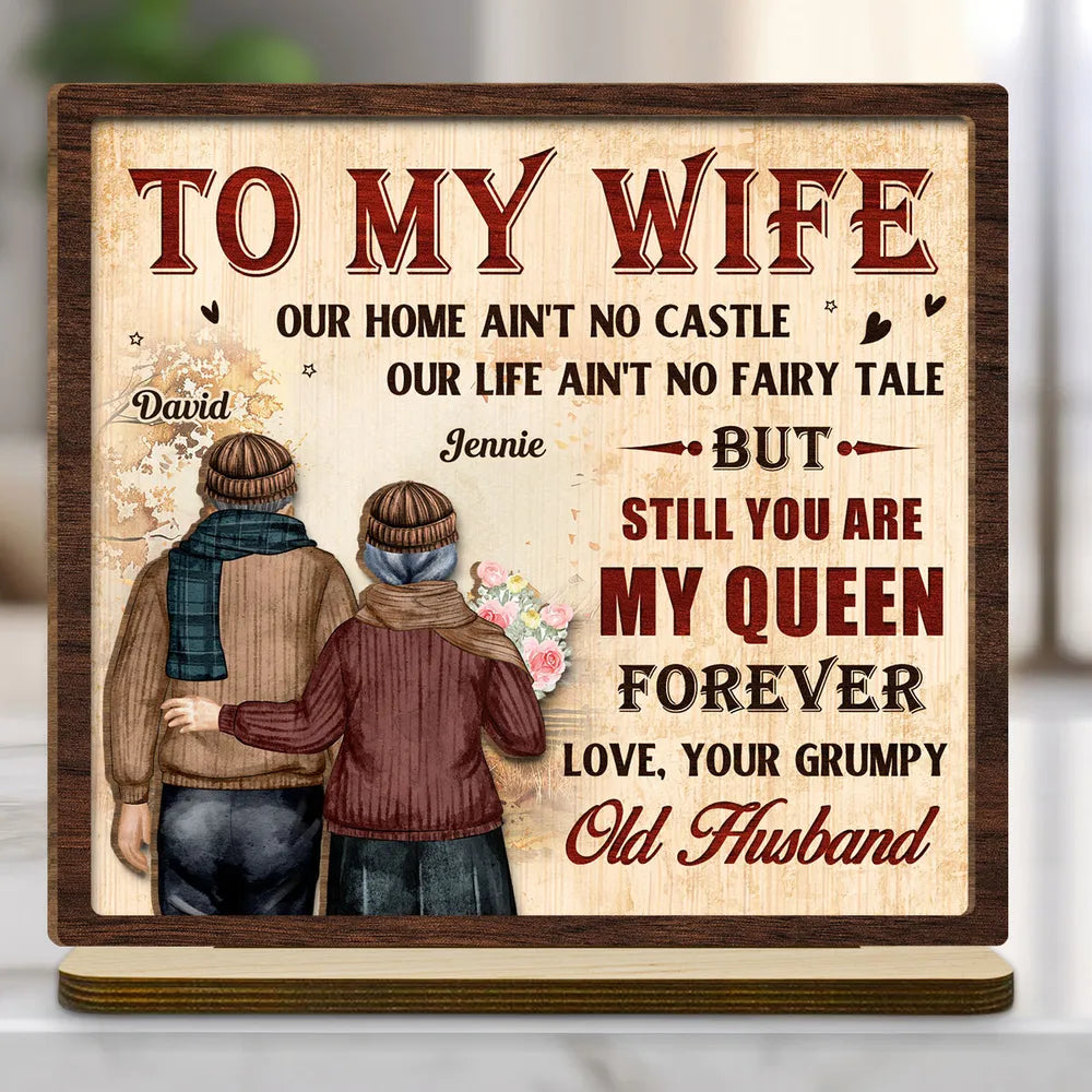 To My Wife Our Home Ain't No Castle 2-layered Wood Sign, Old Couple Gifts, Anniversary Gift For Wife