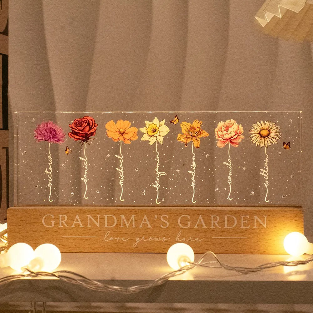 Grandma‘s Garden Custom Birth Month Flower LED Night Light, Gift For Mom, Gift For Grandma