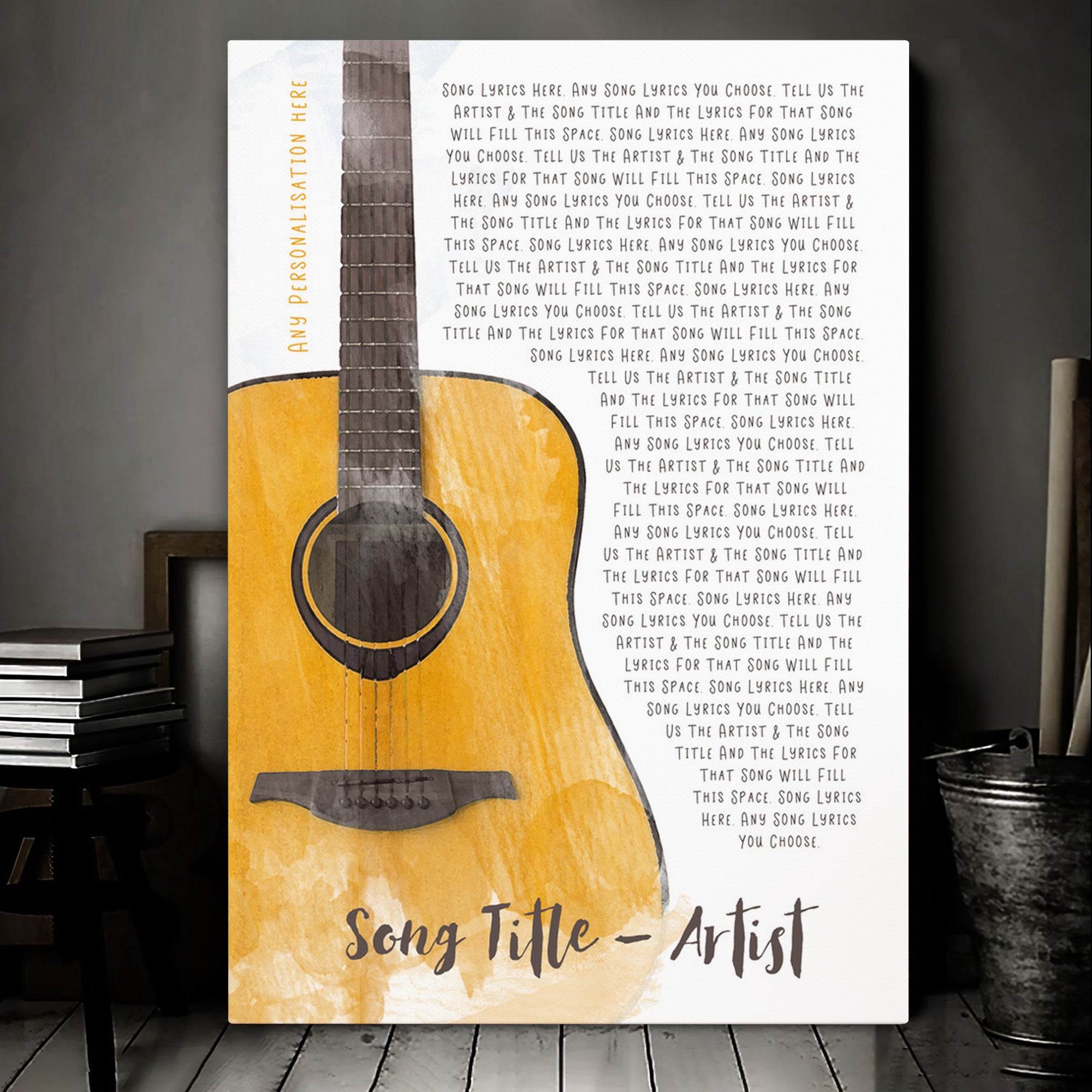 Custom Acoustic Guitar Watercolour Wall Art With Song Lyrics, Music Wall Decor