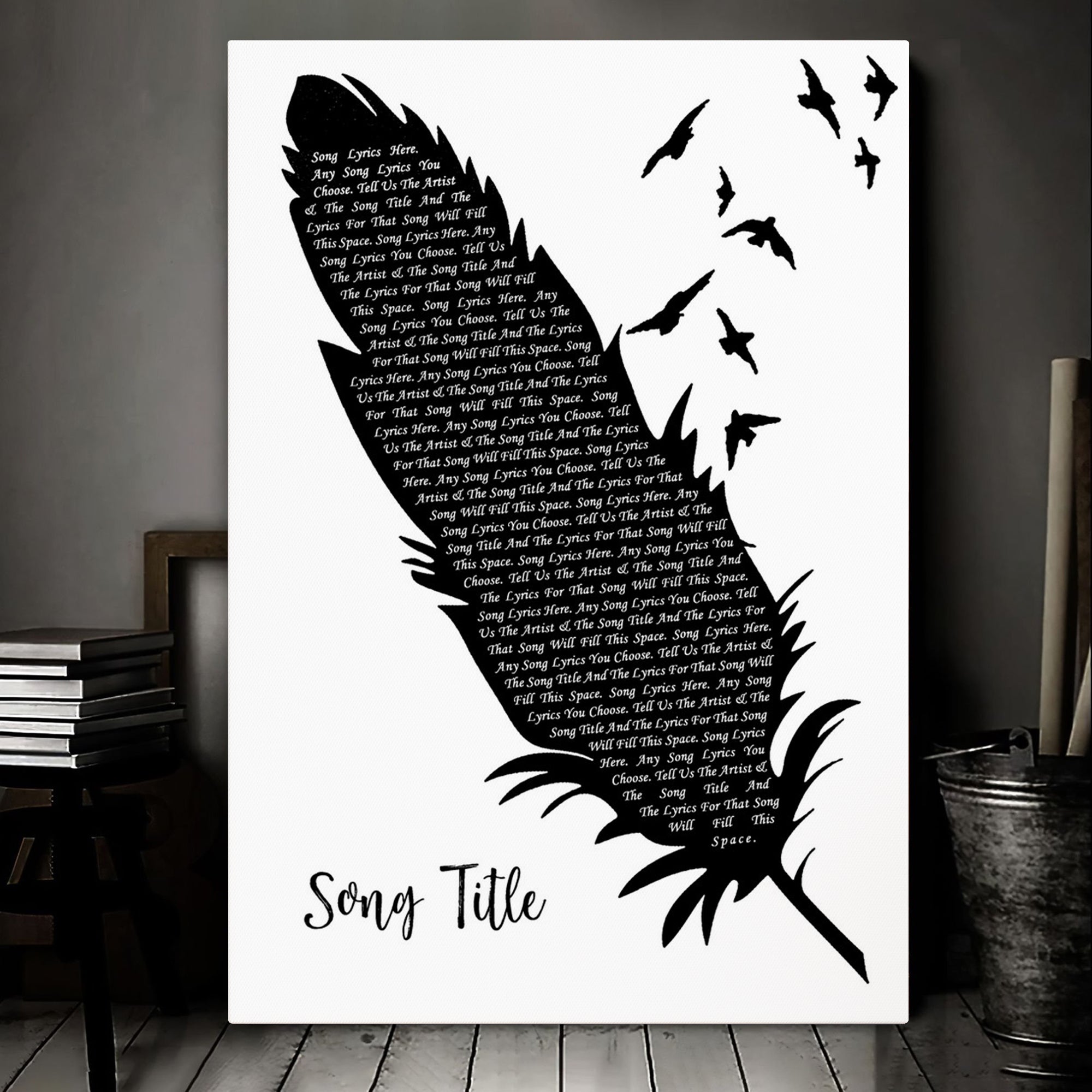 Custom Feather & Birds Music Wall Art With Song Lyrics, Music Wall Decor